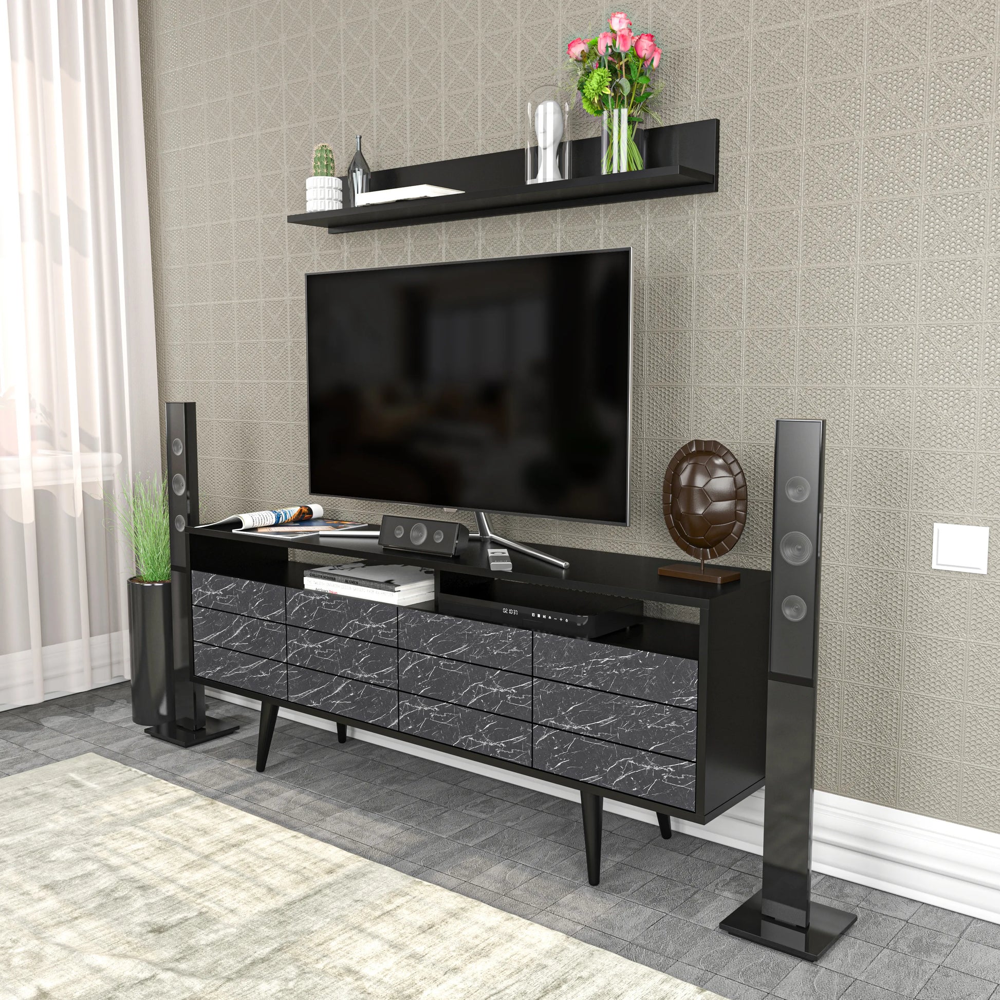 Ola 63 inch Wide TV Stand Media Console with Wall Shelf for TVs up