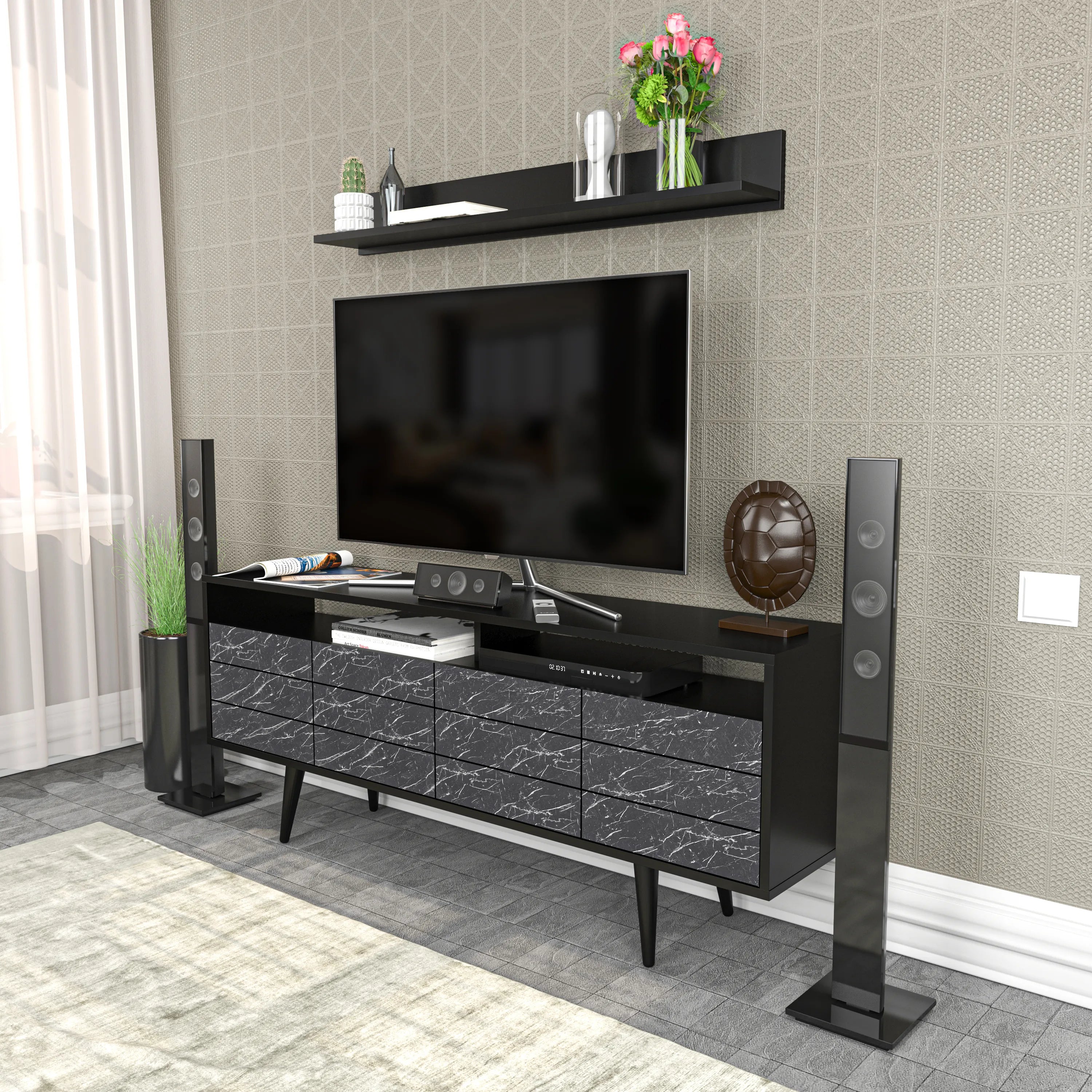 Ola 63 inch Wide TV Stand Media Console with Wall Shelf for TVs up to 72 inch