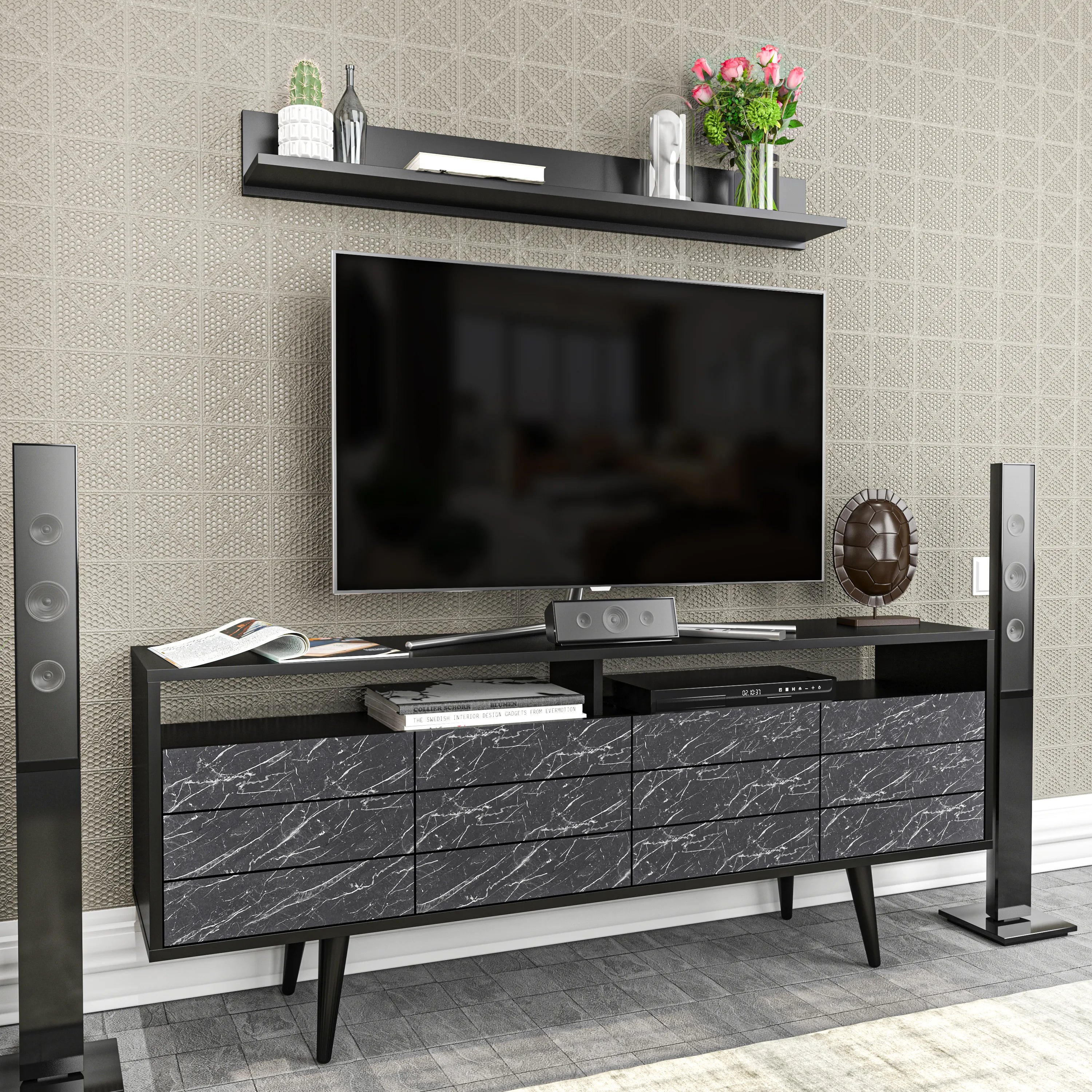 Ola 63 inch Wide TV Stand Media Console with Wall Shelf for TVs up to 72 inch