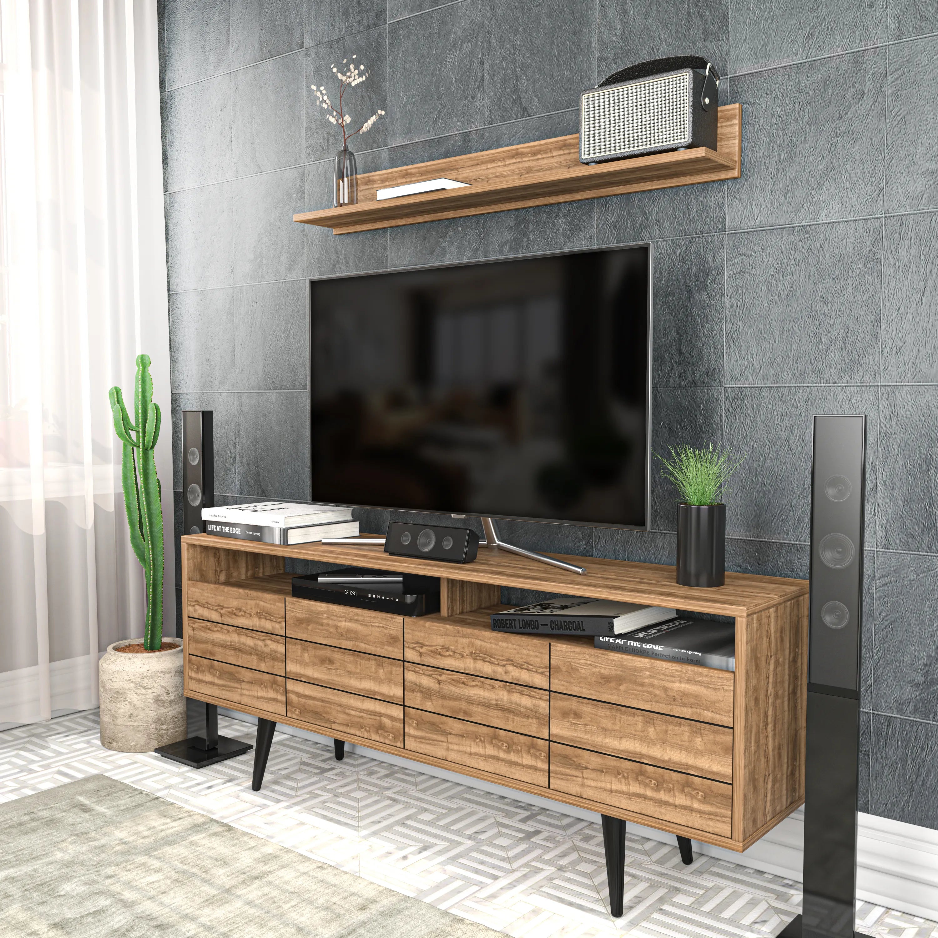 Ola 63 inch Wide TV Stand Media Console with Wall Shelf for TVs up to 72 inch