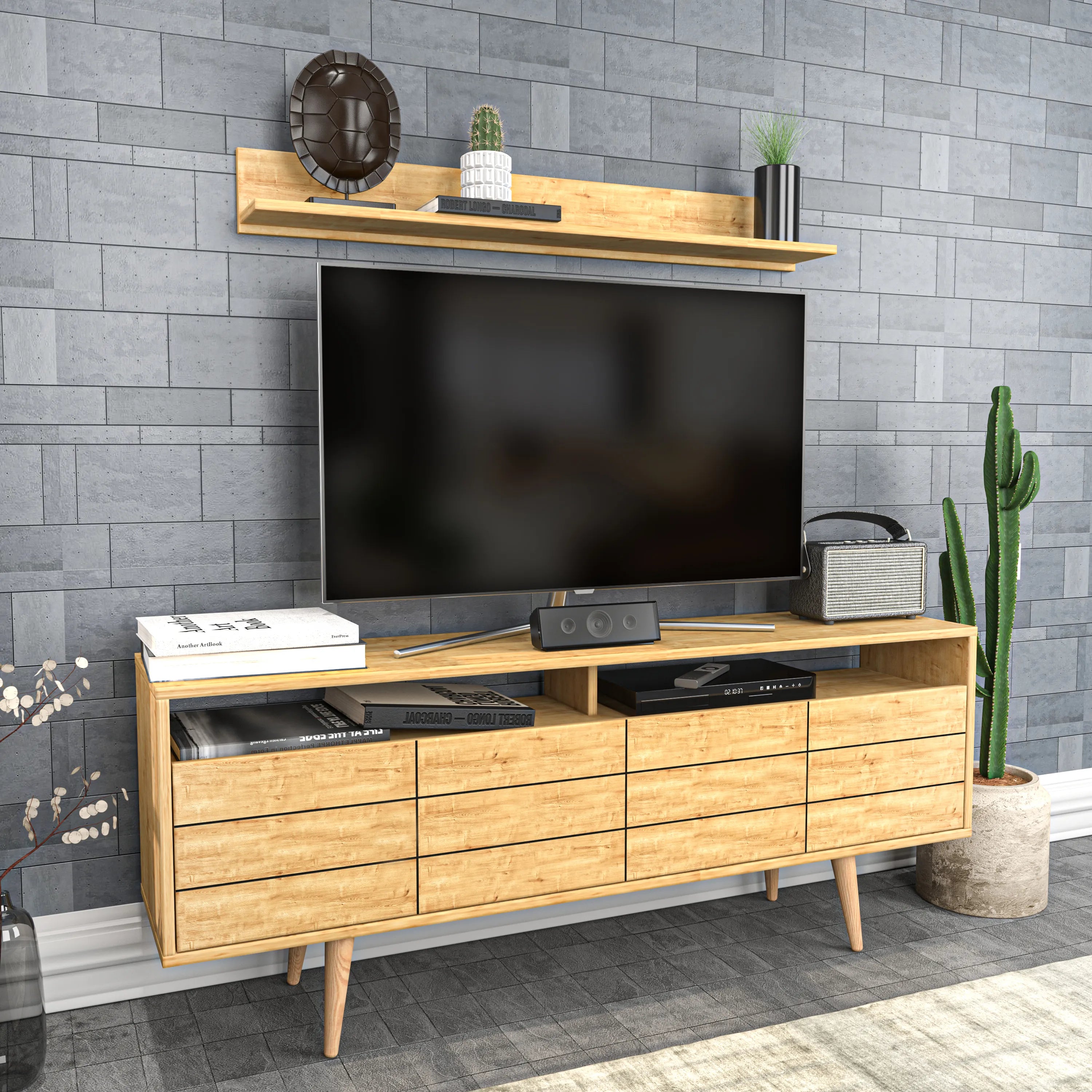 Ola 63 inch Wide TV Stand Media Console with Wall Shelf for TVs up to 72 inch