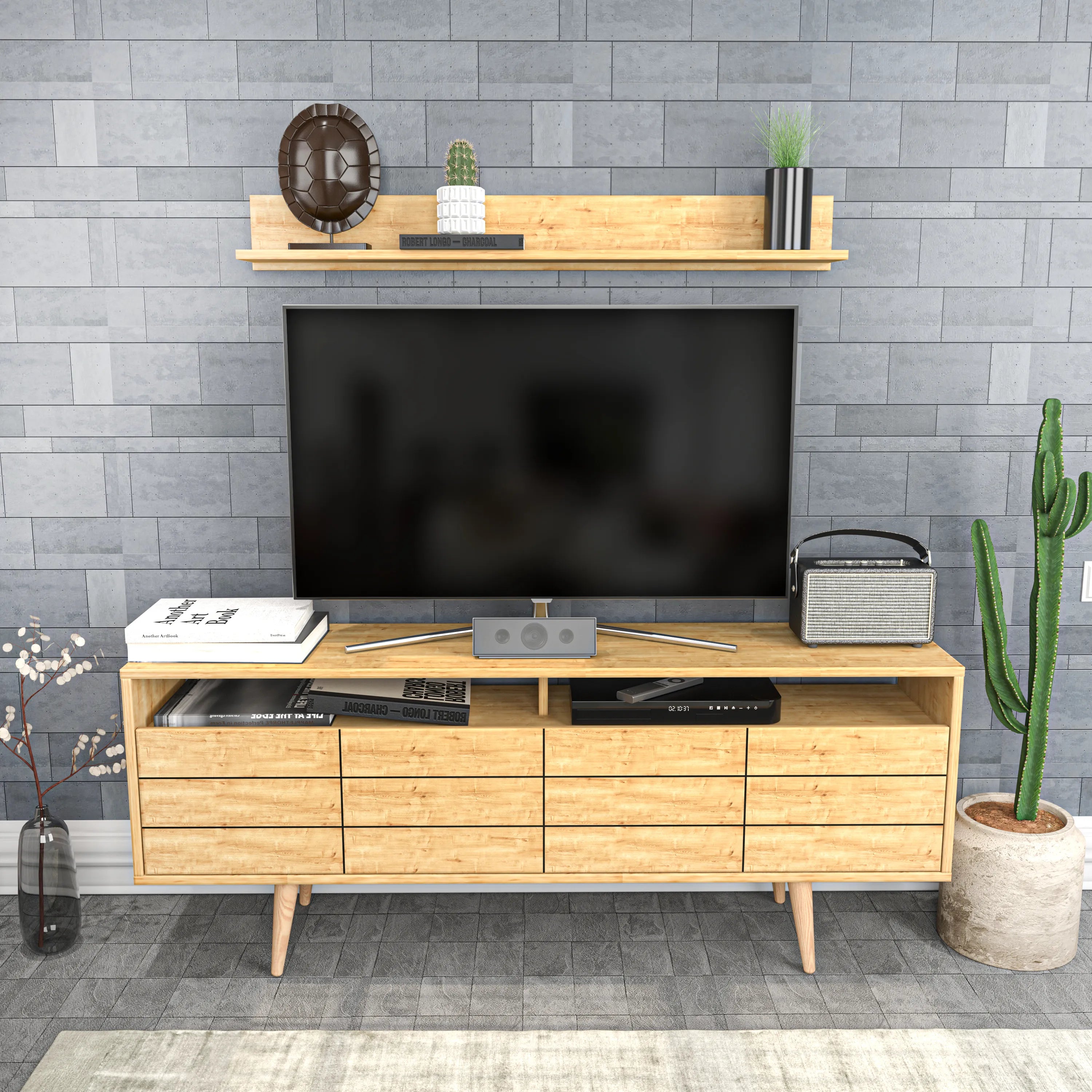 Ola 63 inch Wide TV Stand Media Console with Wall Shelf for TVs up to 72 inch