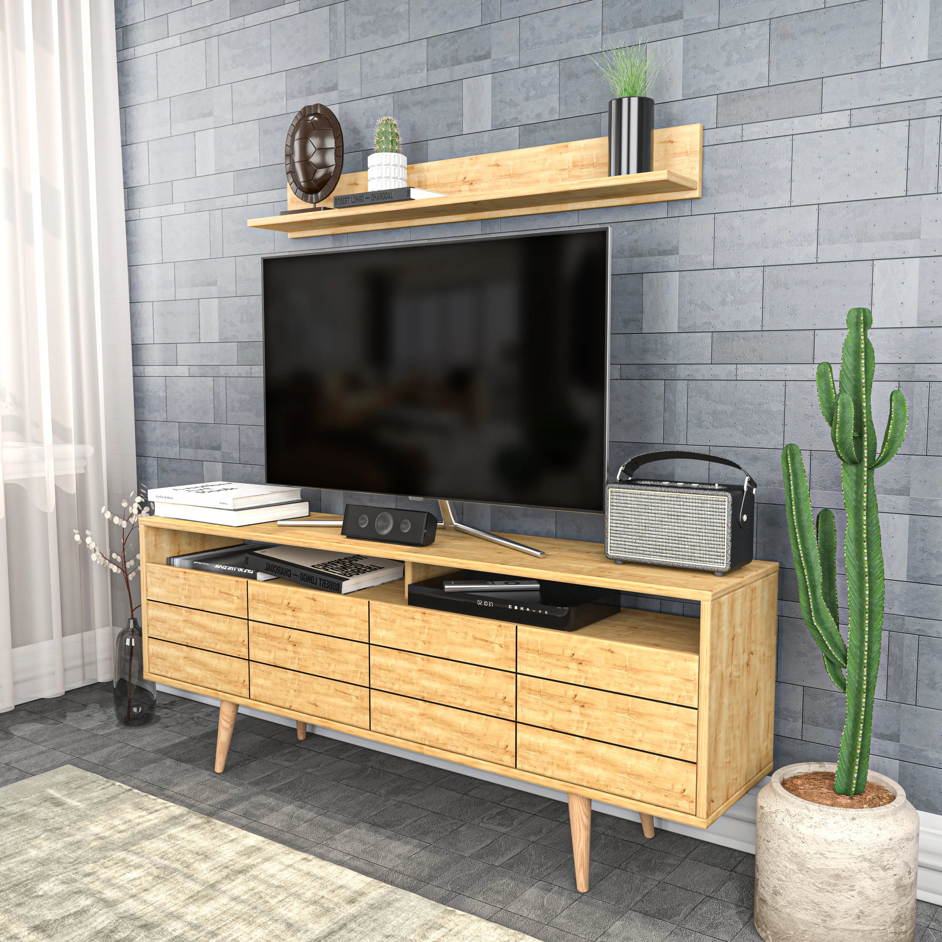 Ola 63 inch Wide TV Stand Media Console with Wall Shelf for TVs up to 72 inch