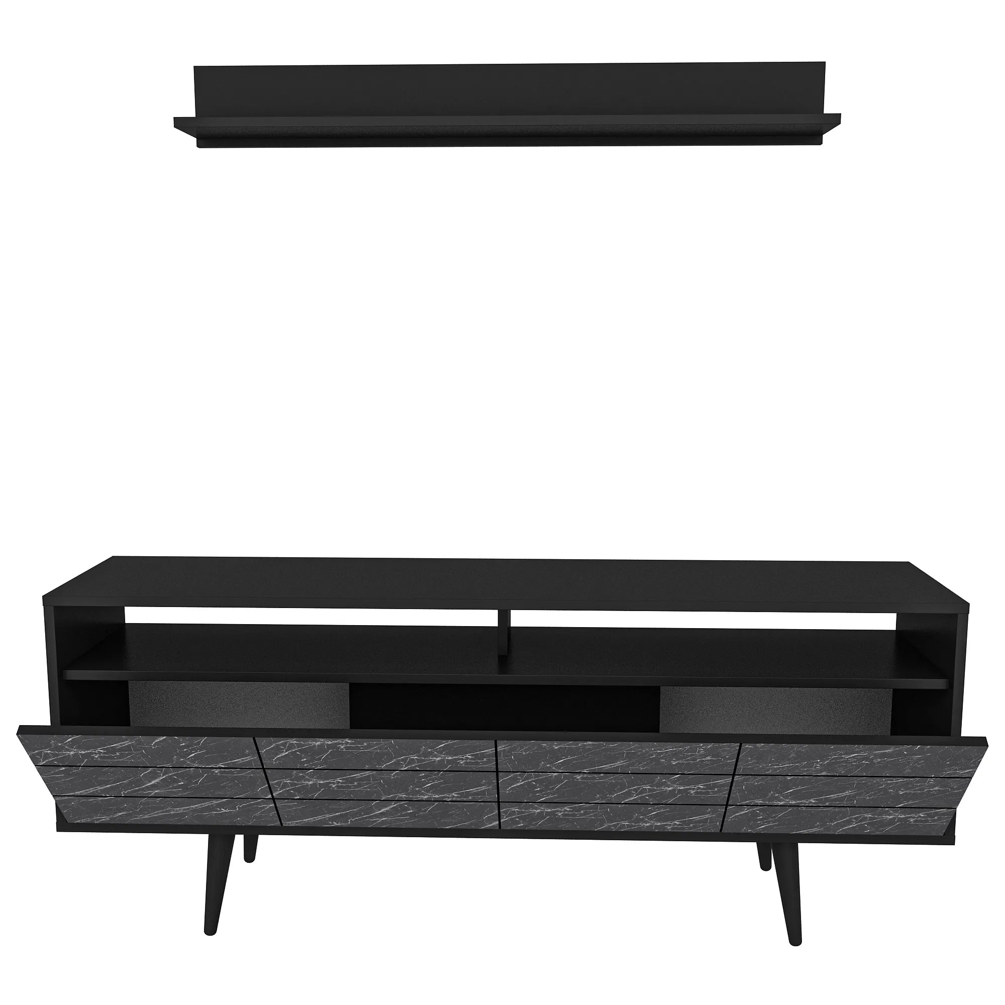 Ola 63 inch Wide TV Stand Media Console with Wall Shelf for TVs up to 72 inch