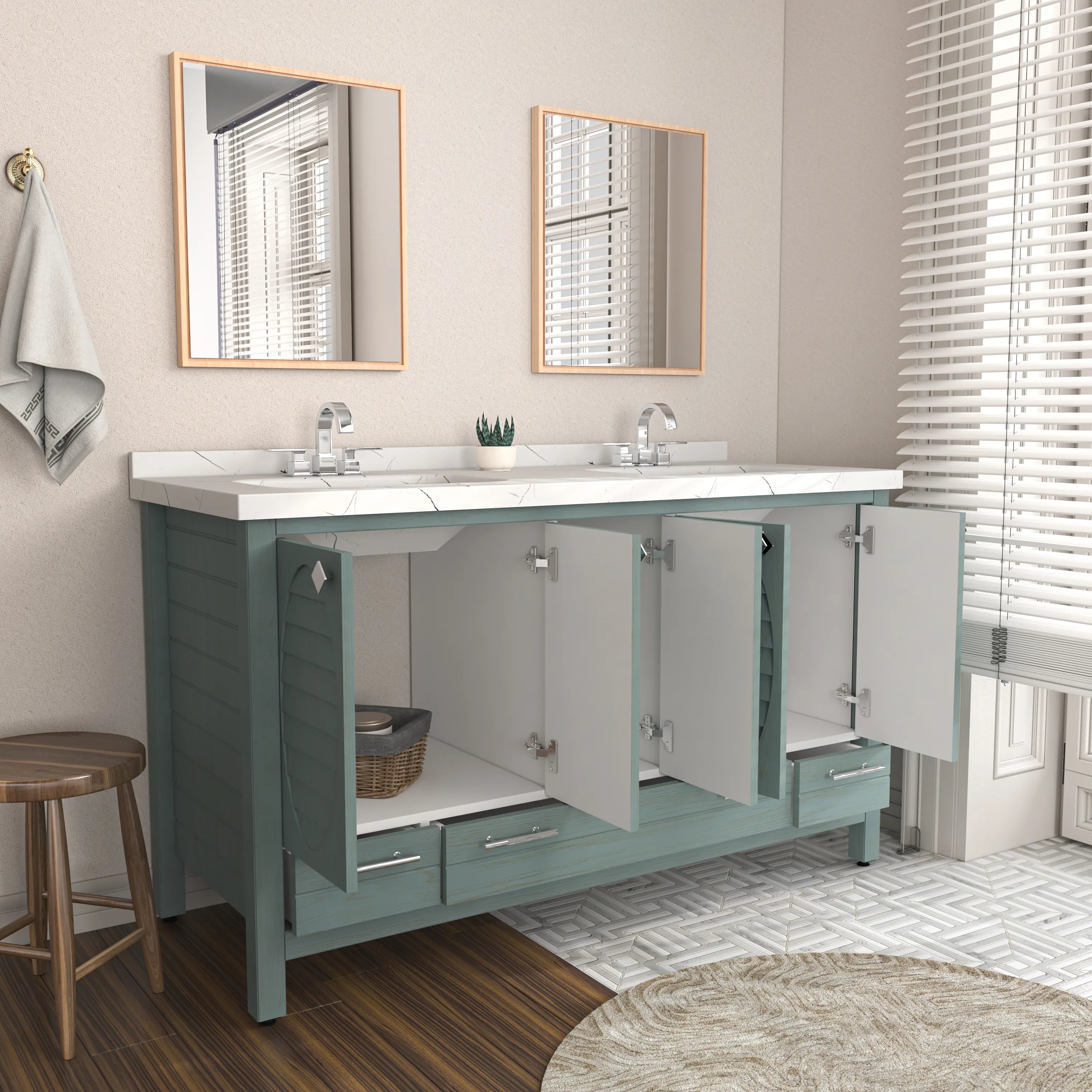 Papatya 59'' Wide Free-standing Double Bathroom Vanity with Engineered Marble Vanity Top