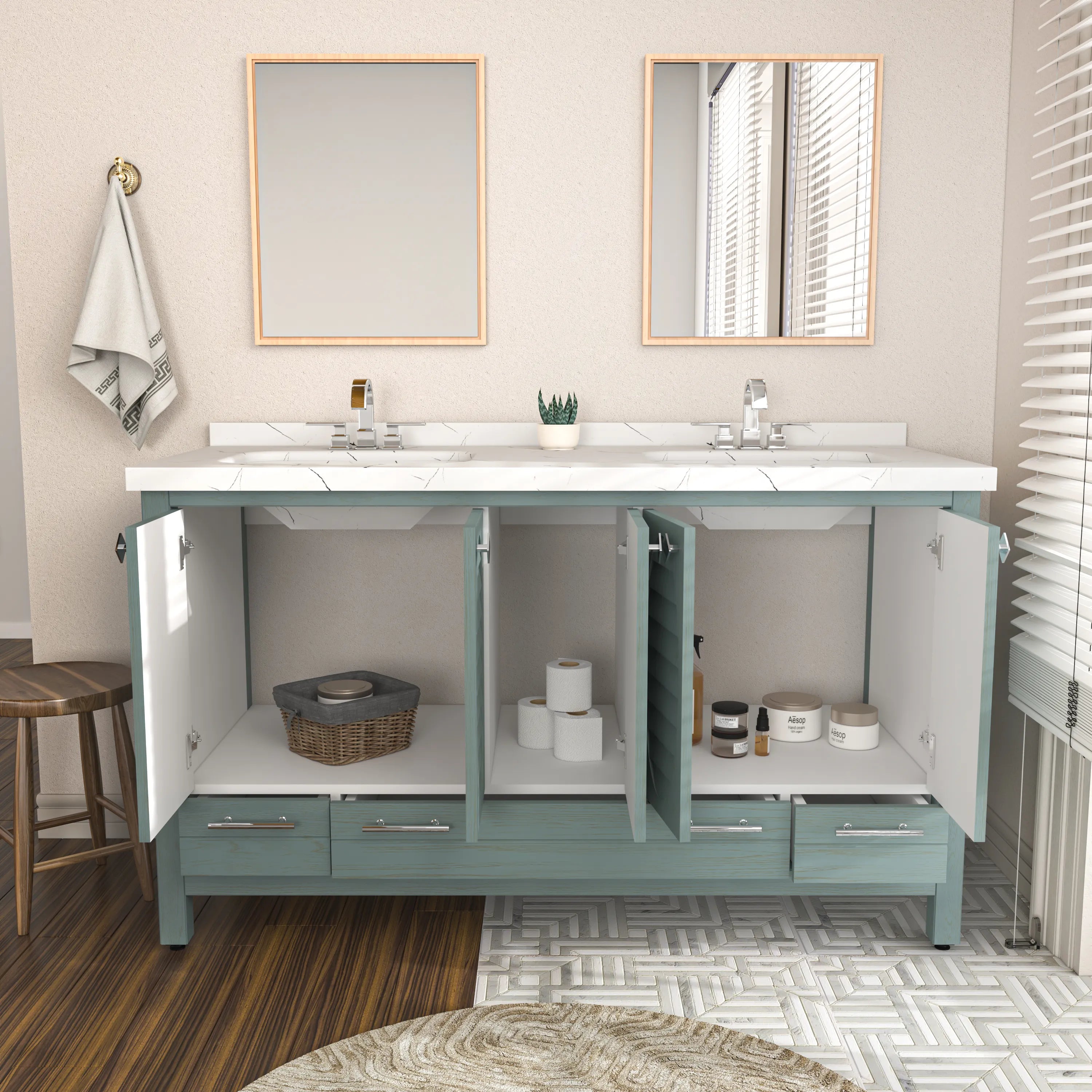 Papatya 59'' Wide Free-standing Double Bathroom Vanity with Engineered Marble Vanity Top