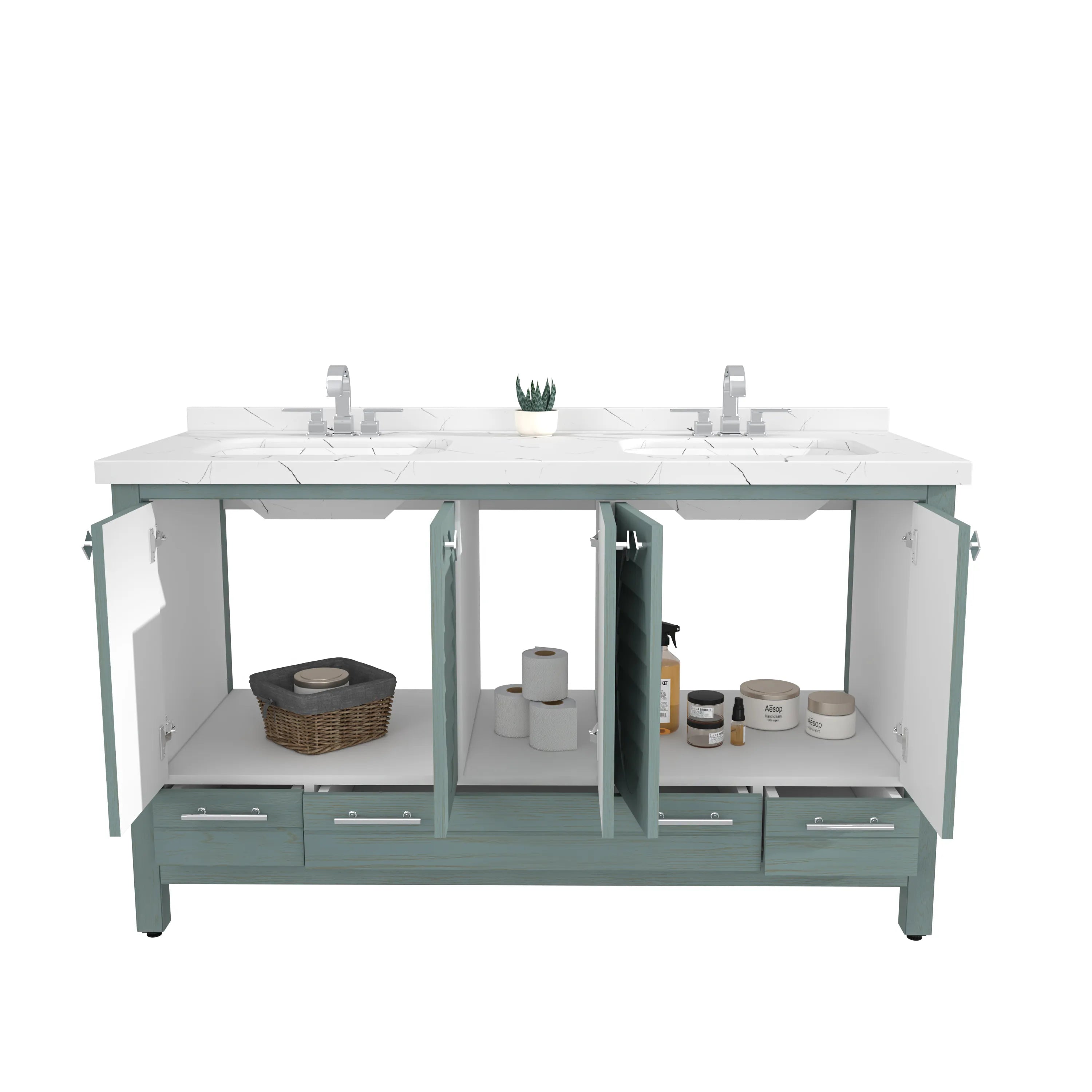 Papatya 59'' Wide Free-standing Double Bathroom Vanity with Engineered Marble Vanity Top