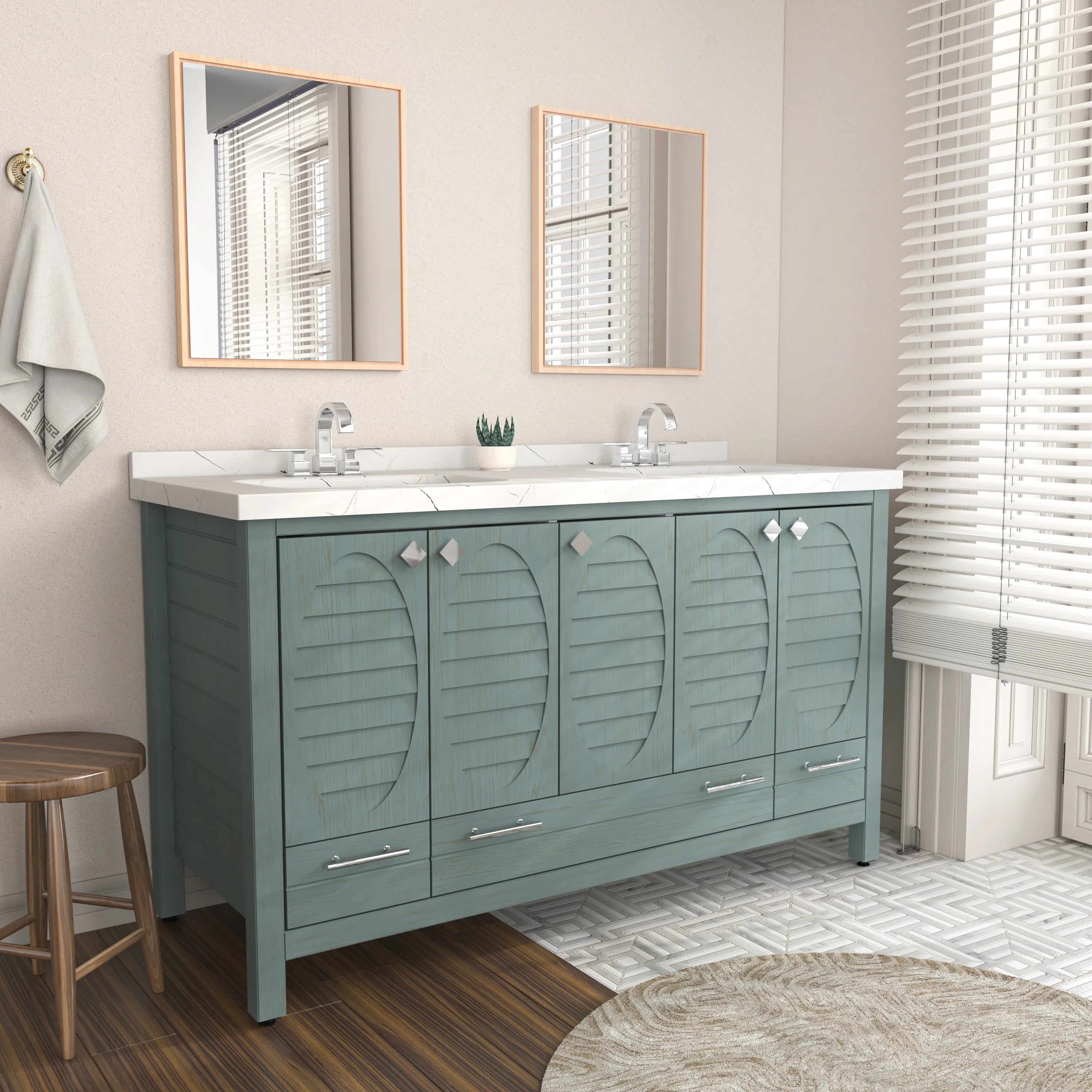 Papatya 59'' Wide Free-standing Double Bathroom Vanity with Engineered Marble Vanity Top