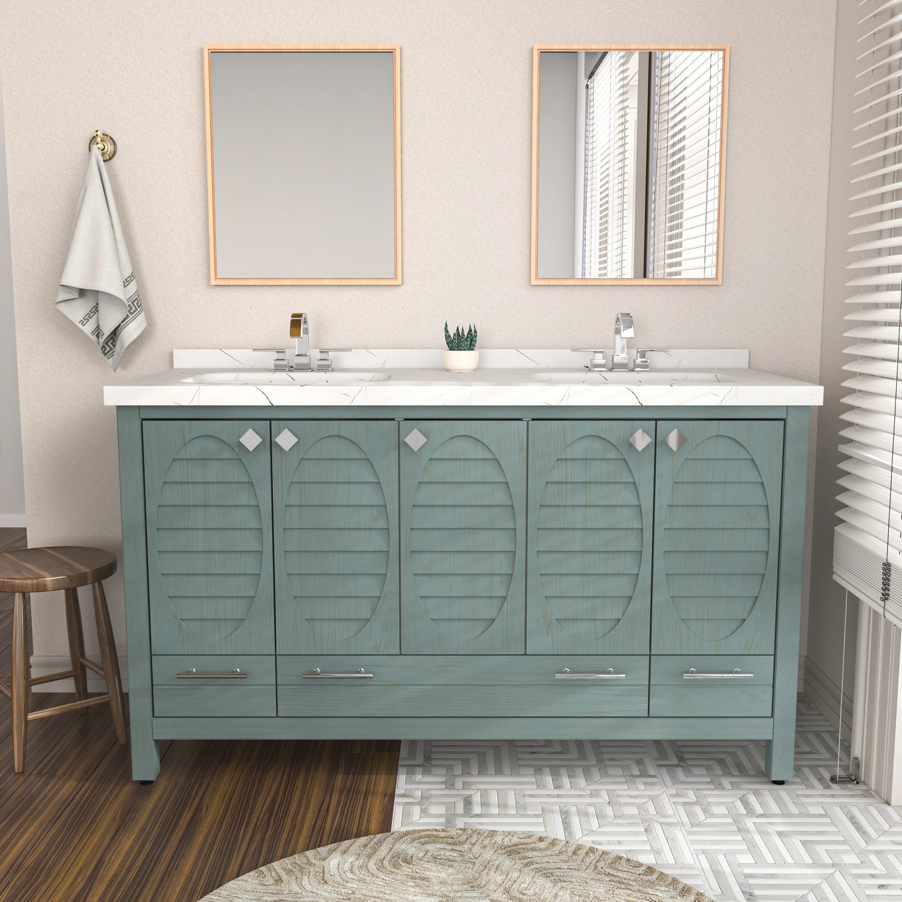 Papatya 59'' Wide Free-standing Double Bathroom Vanity with Engineered Marble Vanity Top