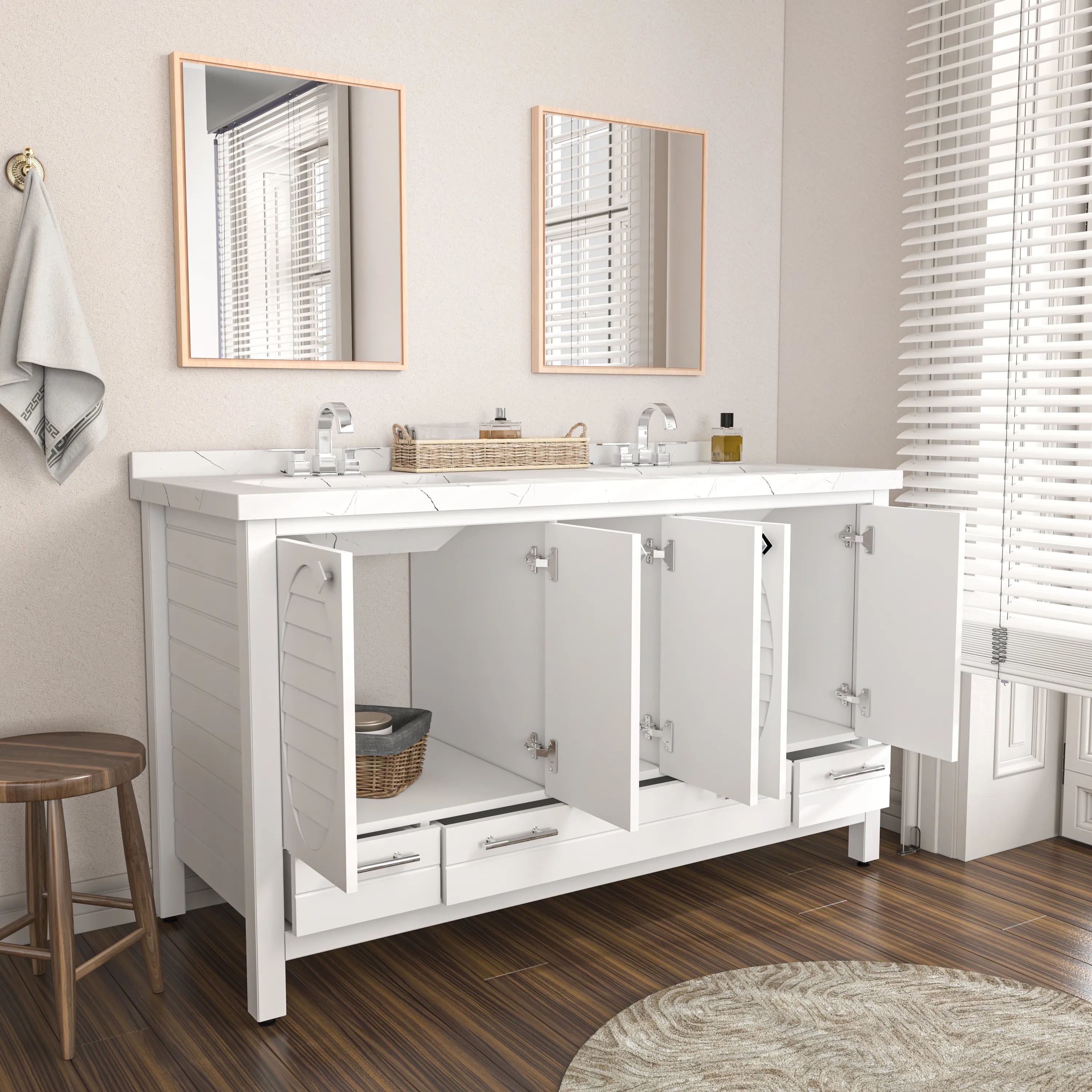 Papatya 59'' Wide Free-standing Double Bathroom Vanity with Engineered Marble Vanity Top