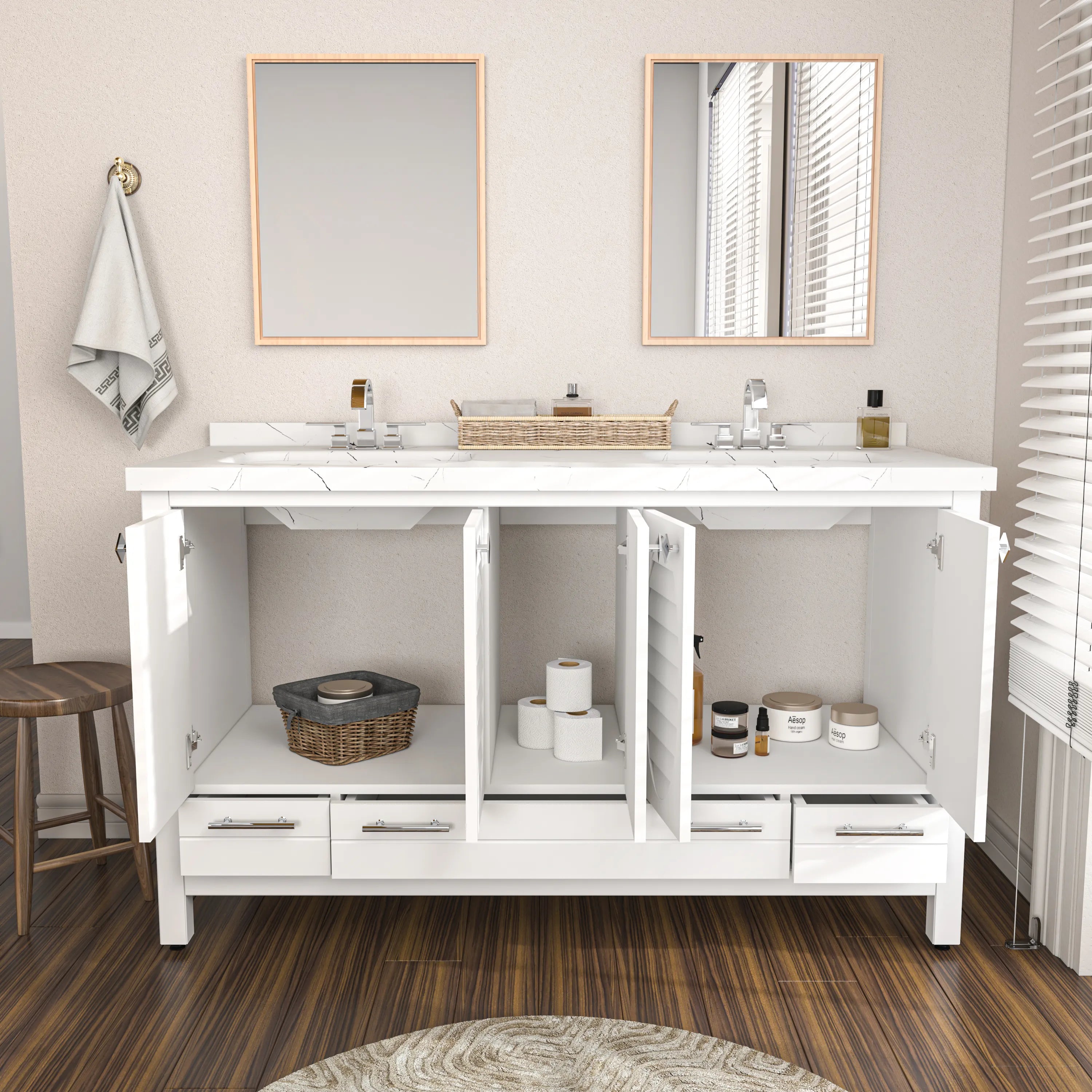 Papatya 59'' Wide Free-standing Double Bathroom Vanity with Engineered Marble Vanity Top