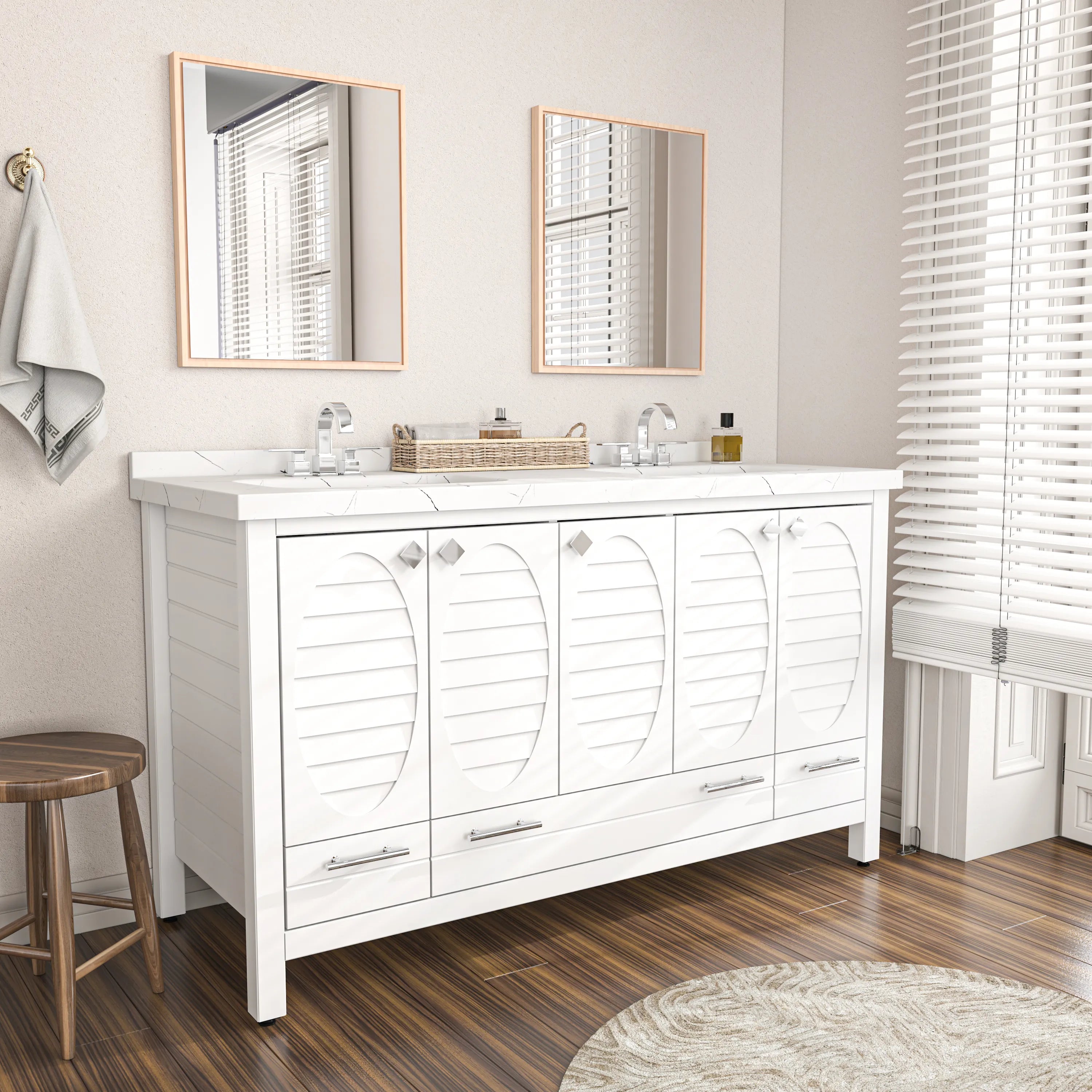 Papatya 59'' Wide Free-standing Double Bathroom Vanity with Engineered Marble Vanity Top