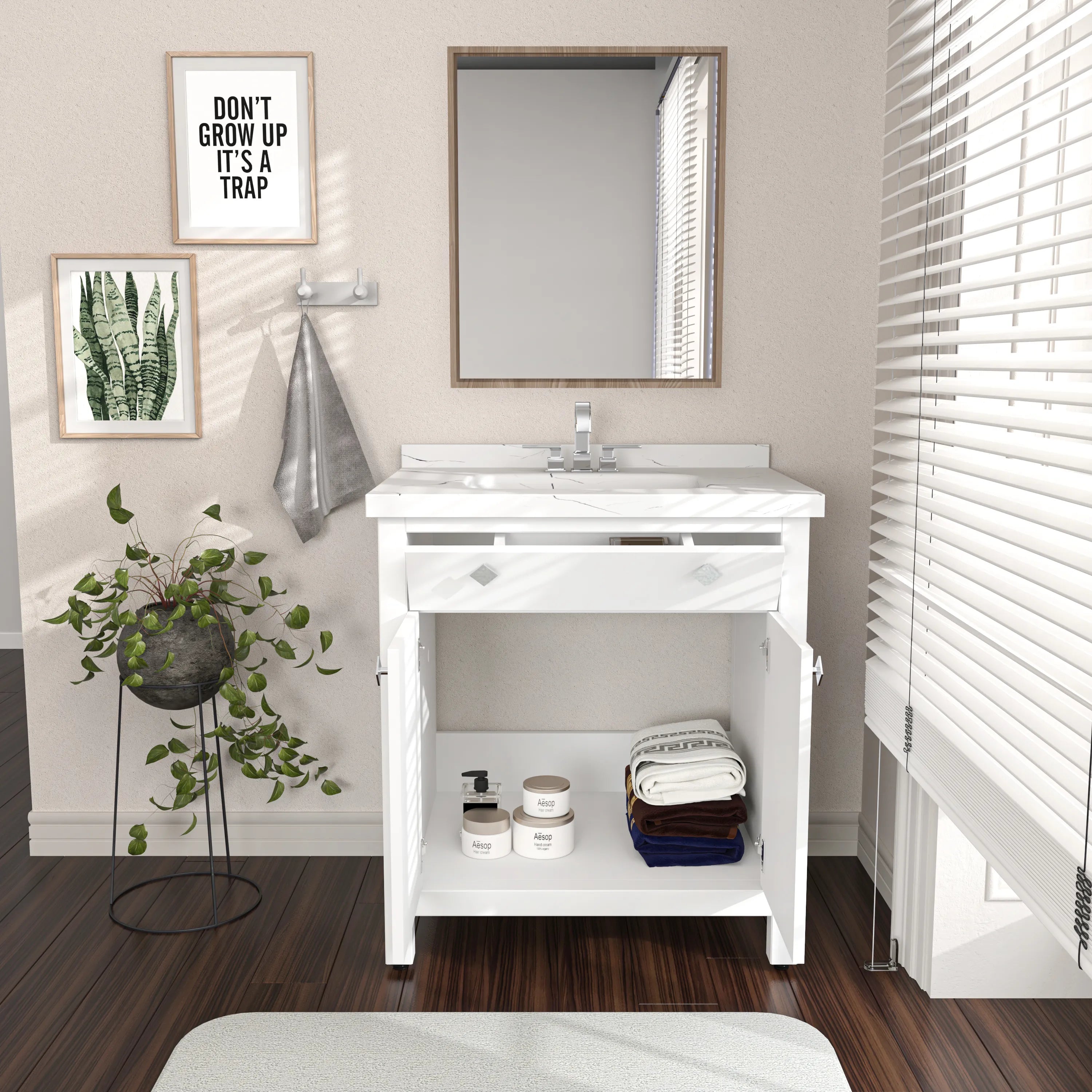 Papatya 31" Wide Free-standing Single Bathroom Vanity with Engineered Marble Vanity Top