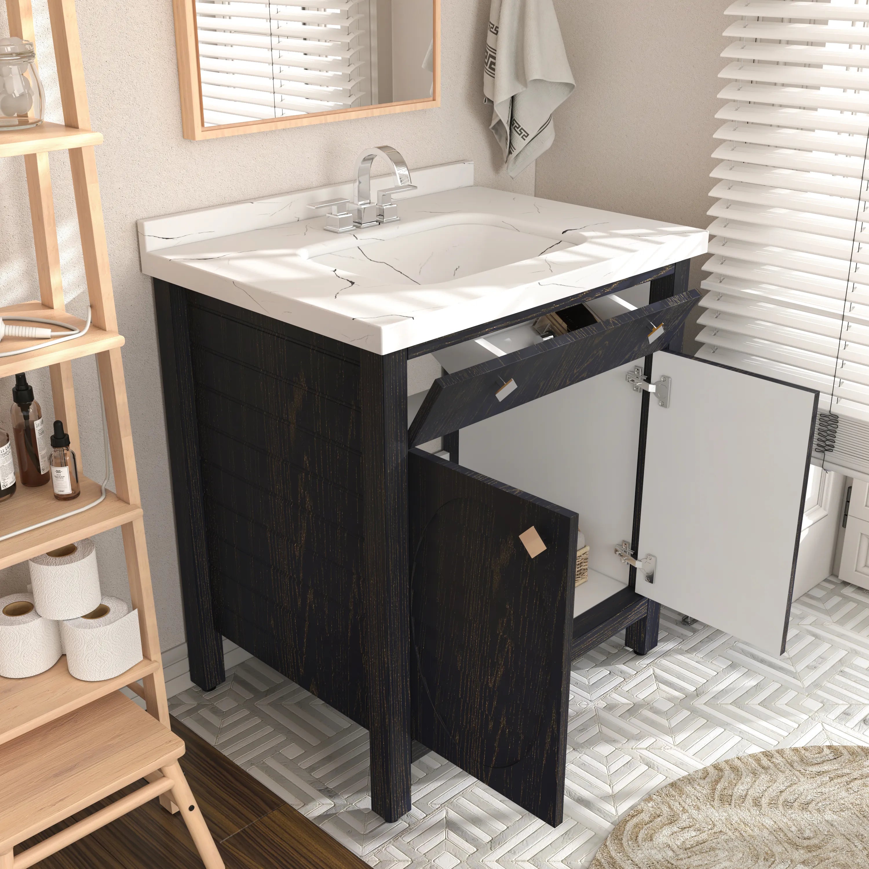 Papatya 31" Wide Free-standing Single Bathroom Vanity with Engineered Marble Vanity Top