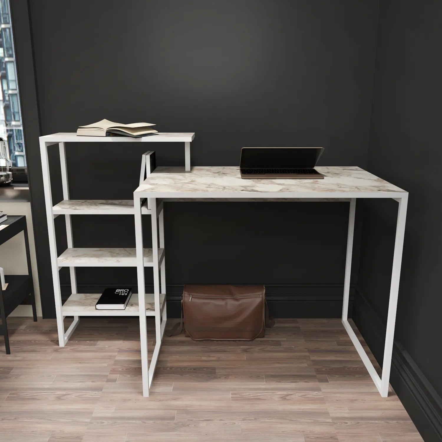 Rino 52 inch Wide Industrial Computer Writing Desk with Bookshelf