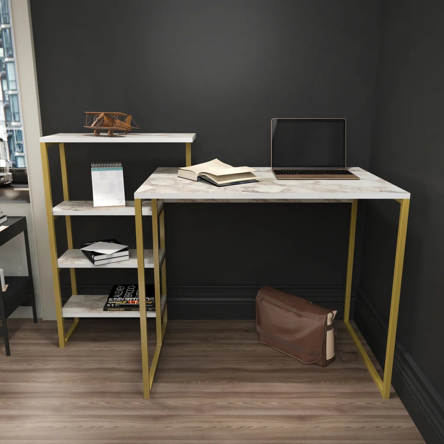 Rino 52 inch Wide Industrial Computer Writing Desk with Bookshelf