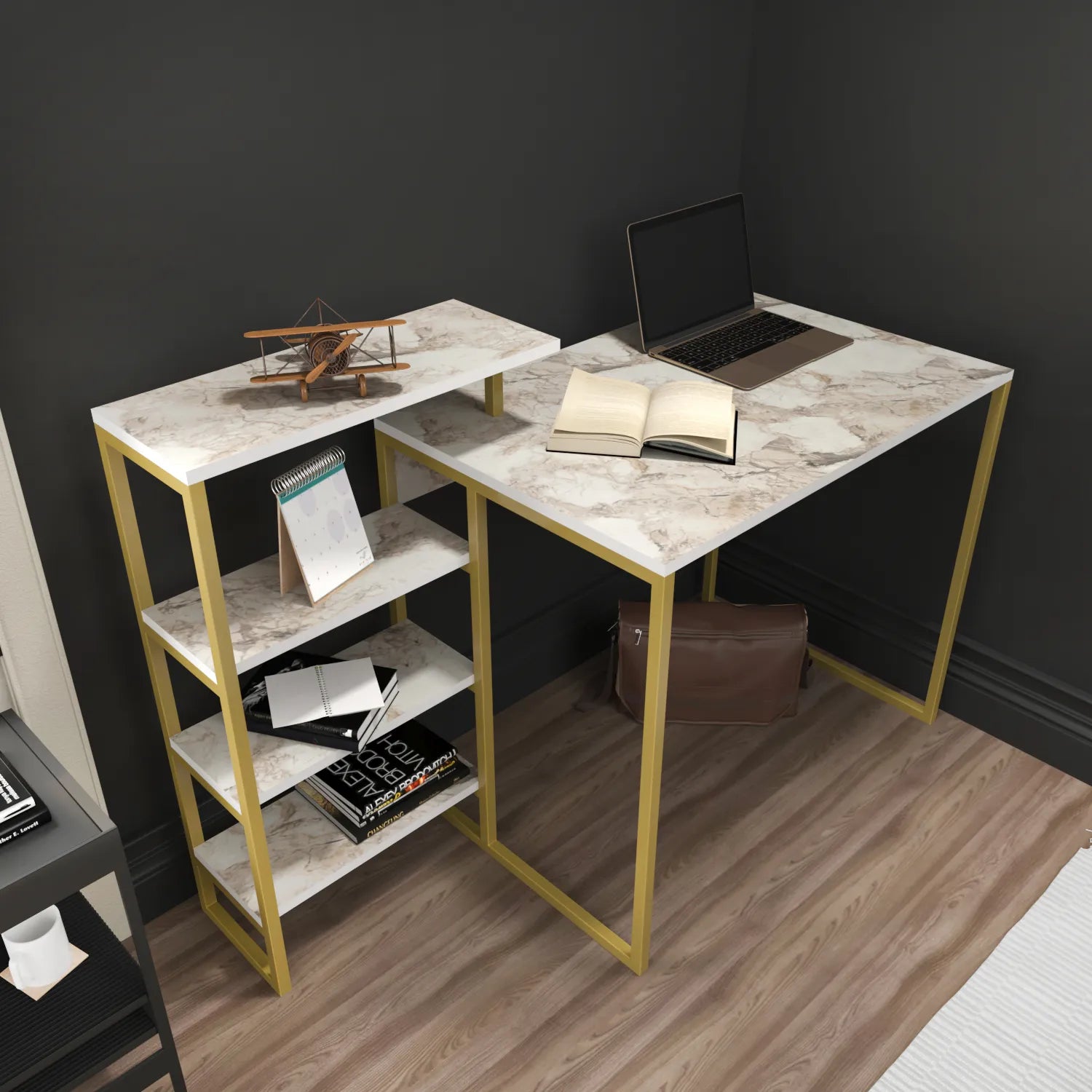 Rino 52 inch Wide Industrial Computer Writing Desk with Bookshelf