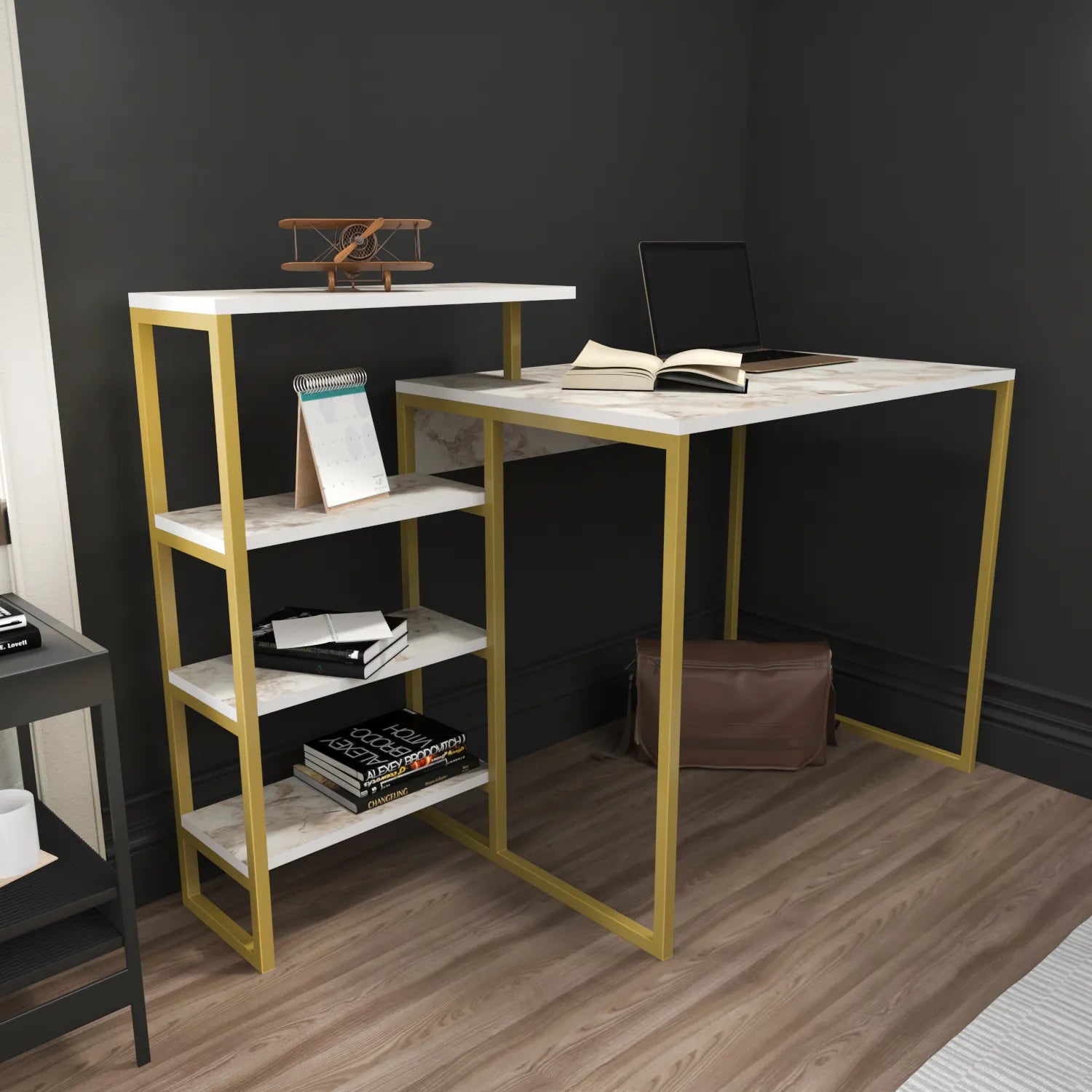 Rino 52 inch Wide Industrial Computer Writing Desk with Bookshelf