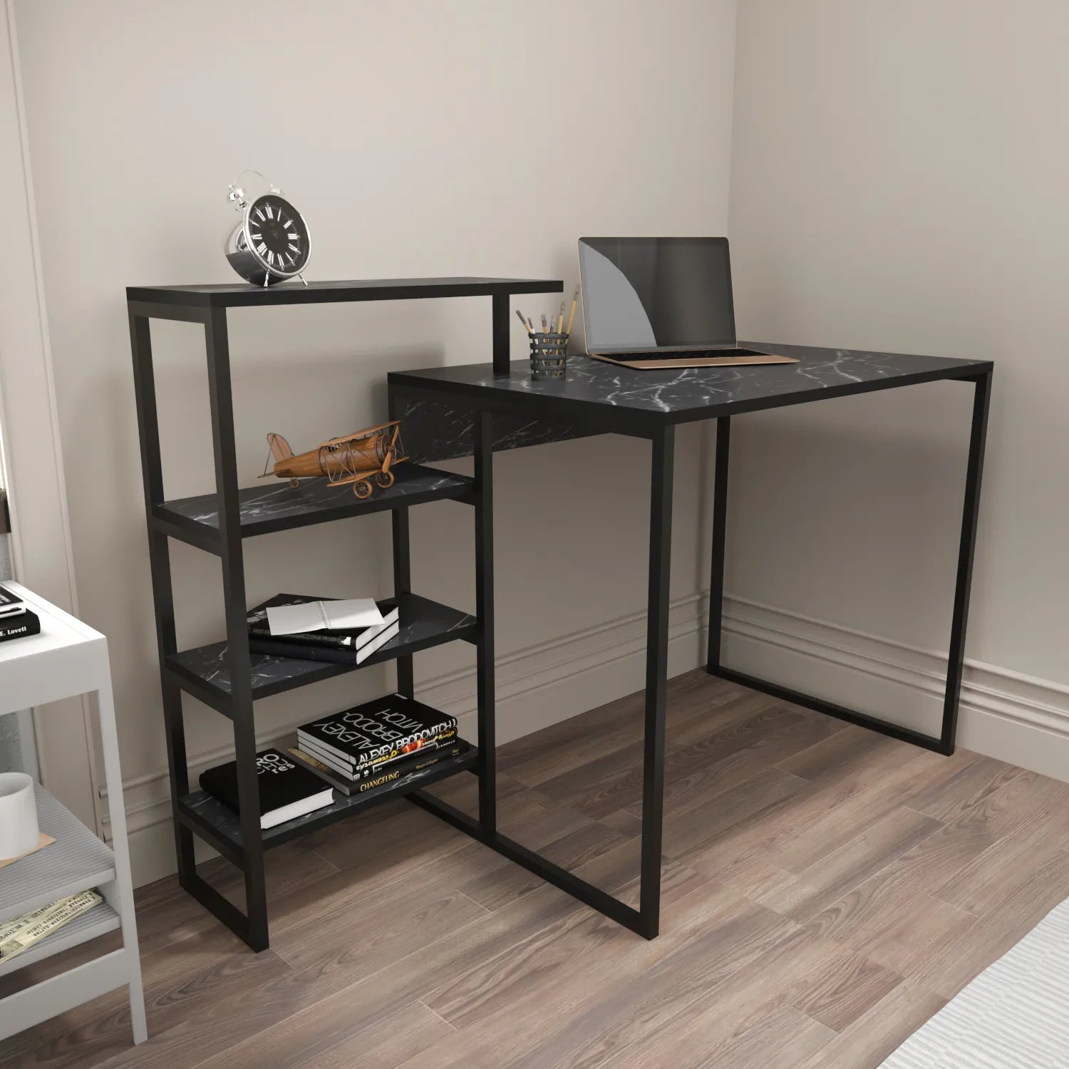 Rino 52 inch Wide Industrial Computer Writing Desk with Bookshelf