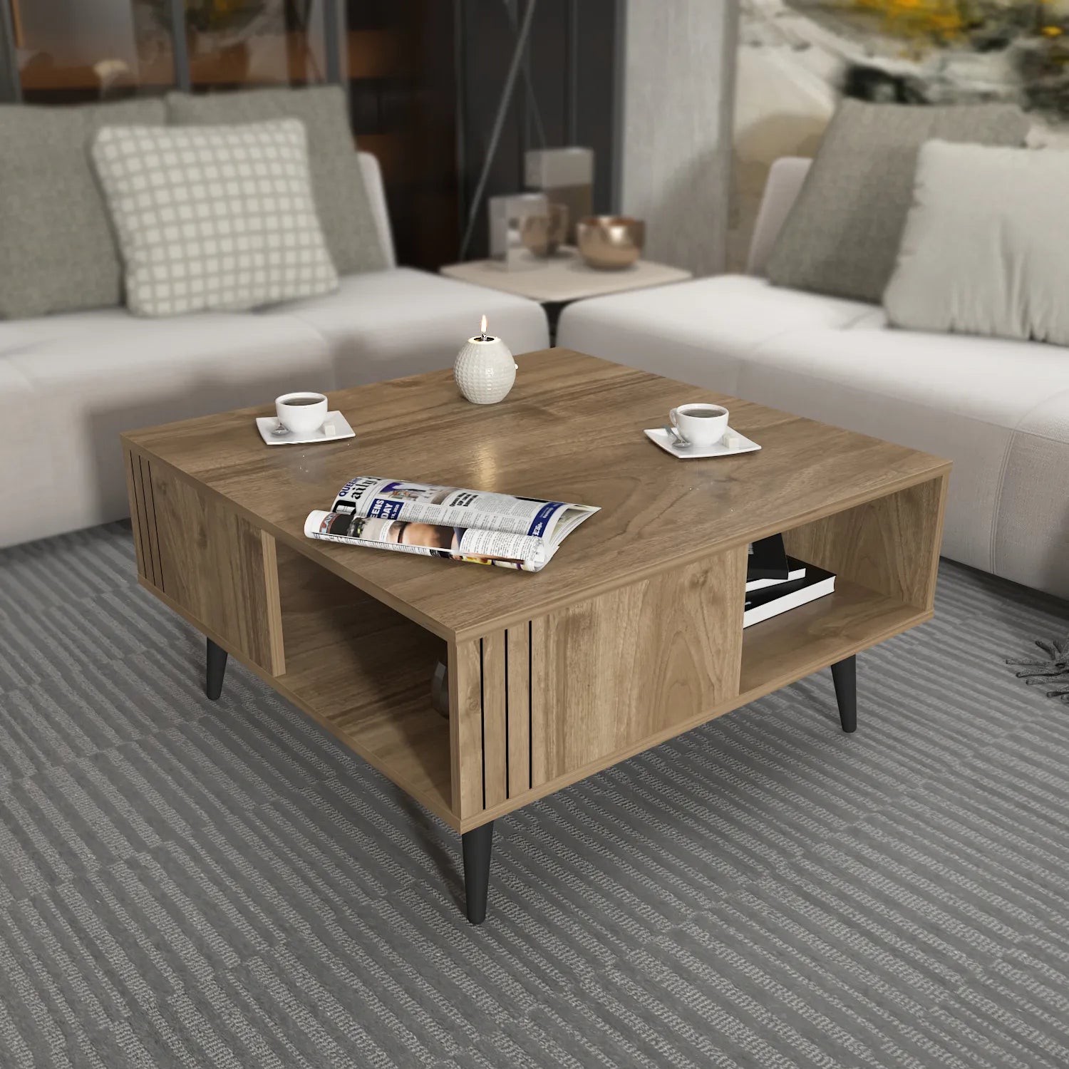 Ronas 35 inch Wide Square Coffee Table with Open Shelf Storage | Cocktail Table