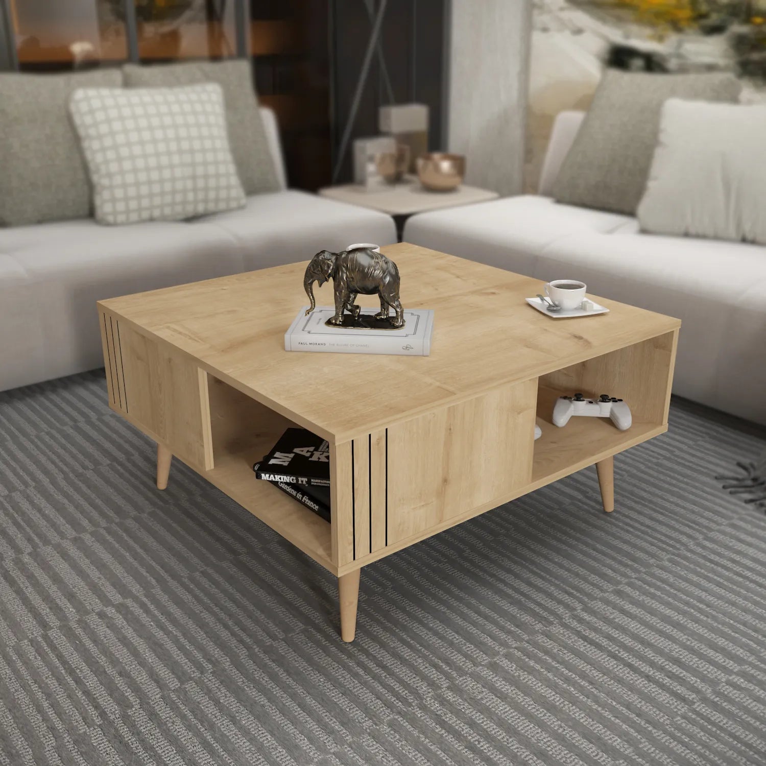 Ronas 35 inch Wide Square Coffee Table with Open Shelf Storage | Cocktail Table