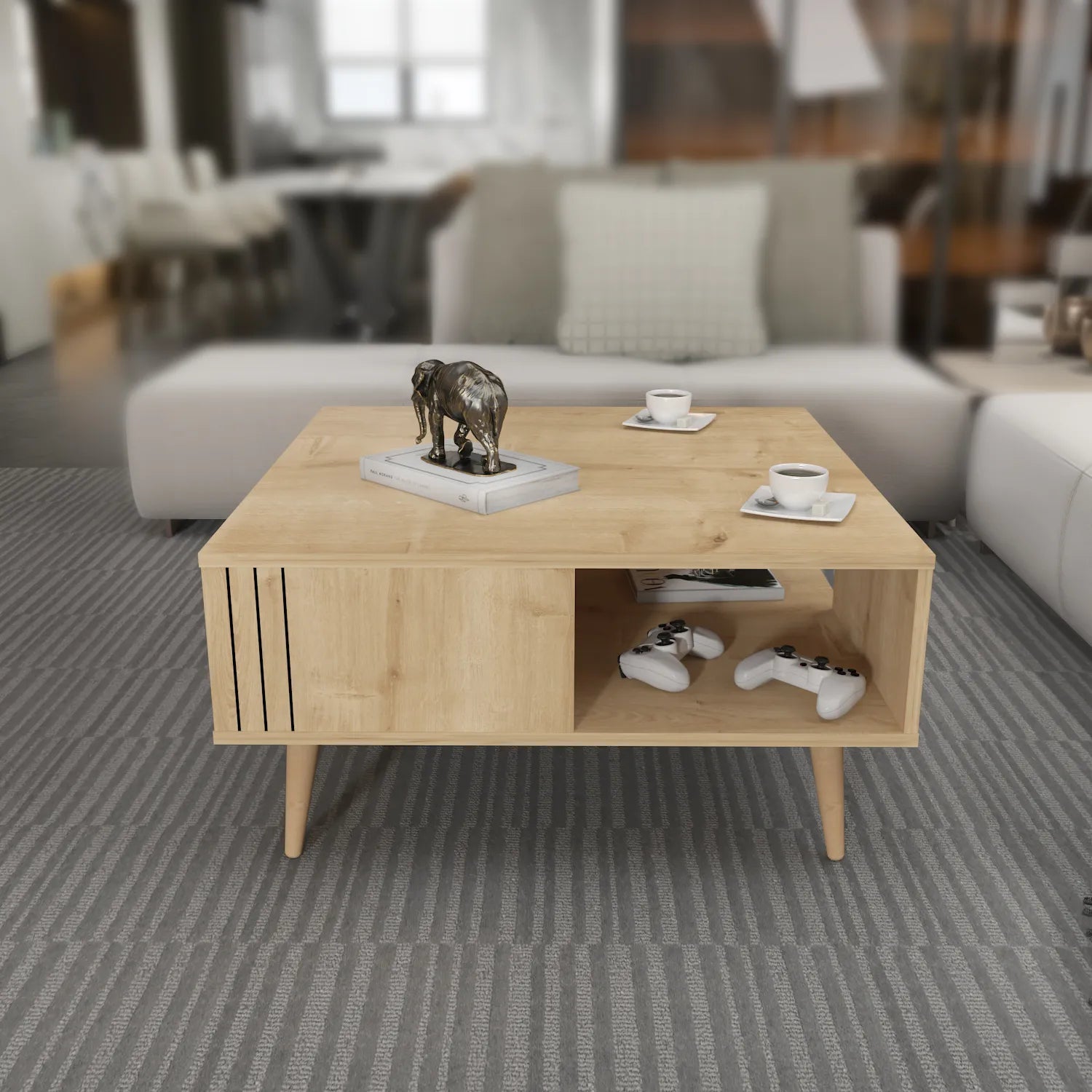 Ronas 35 inch Wide Square Coffee Table with Open Shelf Storage | Cocktail Table