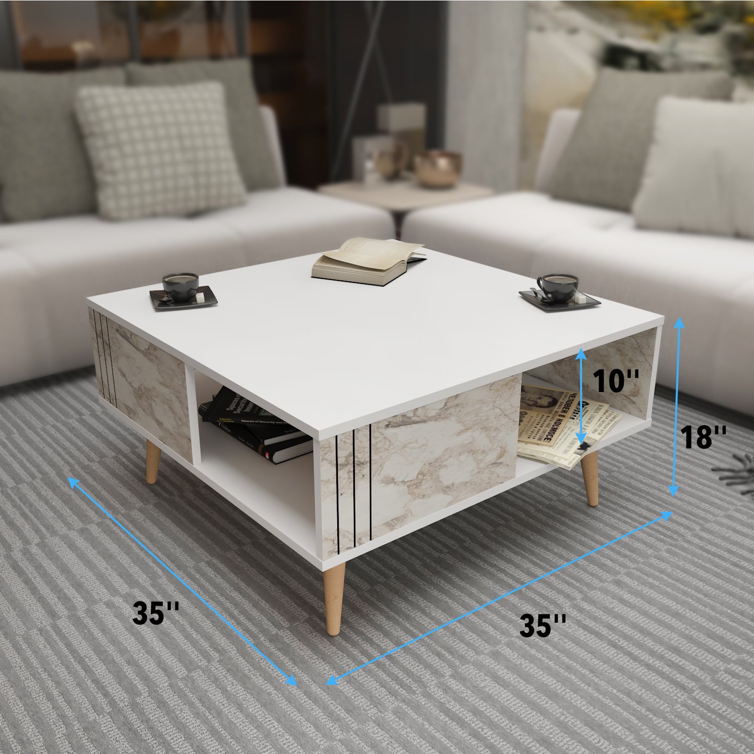 Ronas 35 inch Wide Square Coffee Table with Open Shelf Storage | Cocktail Table