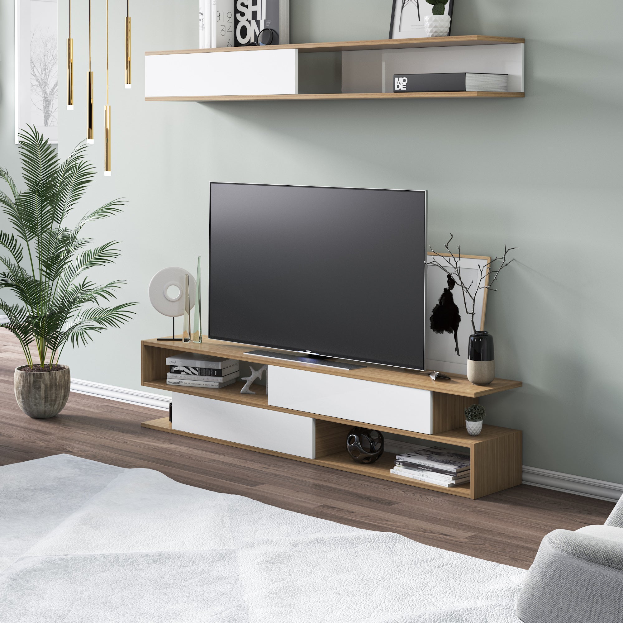 Sims 71" Modern TV Stand, Cabinet & Wall Shelf Set – 3-in-1 Entertainment Center