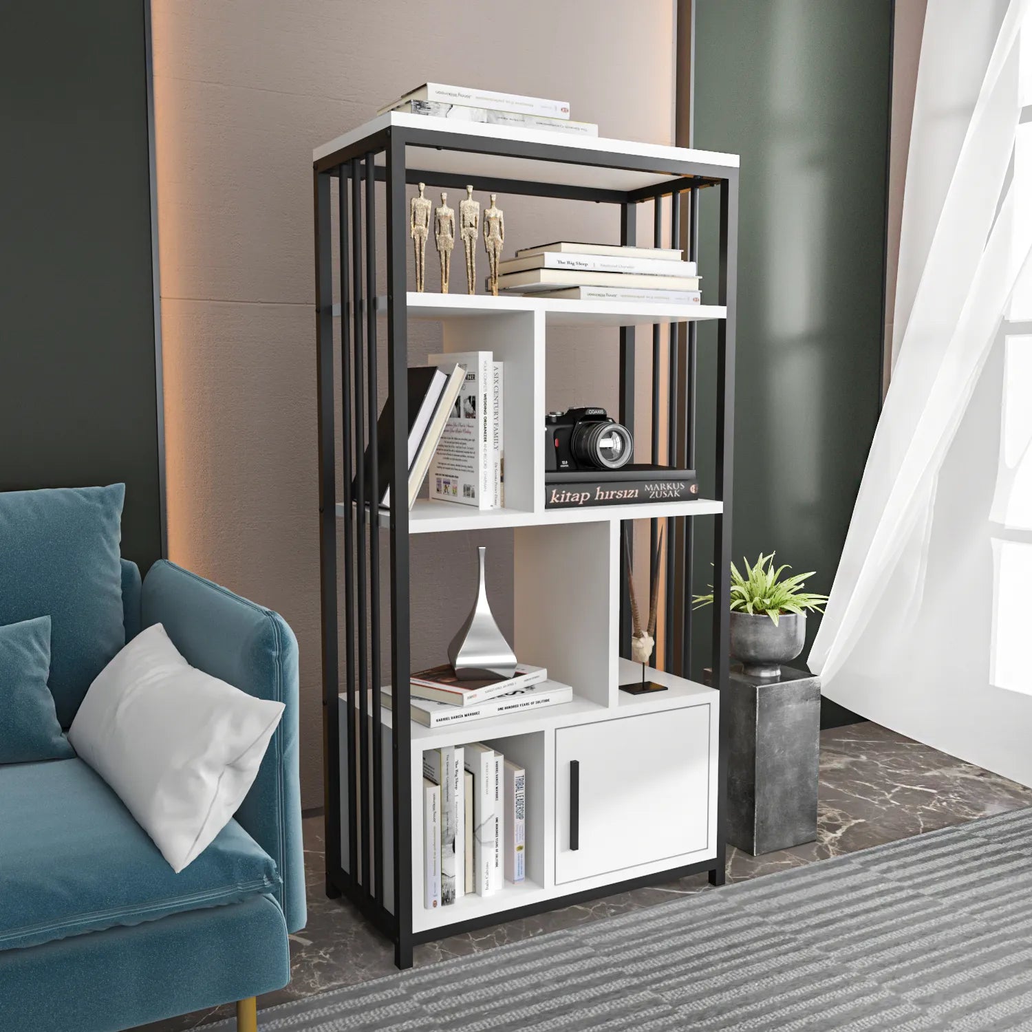 Valero 47" Tall Metal Wood Bookcase