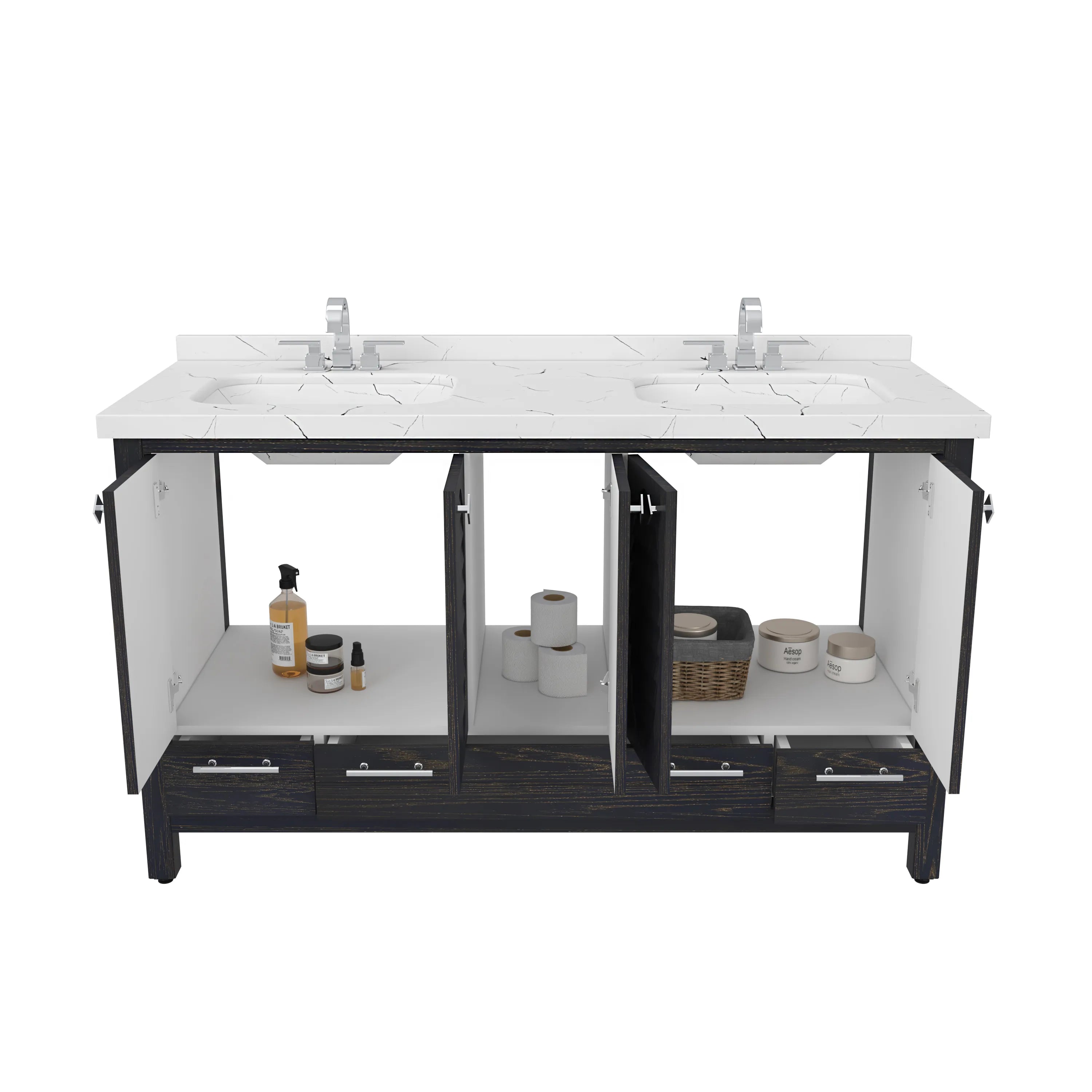 Papatya 59'' Wide Free-standing Double Bathroom Vanity with Engineered Marble Vanity Top