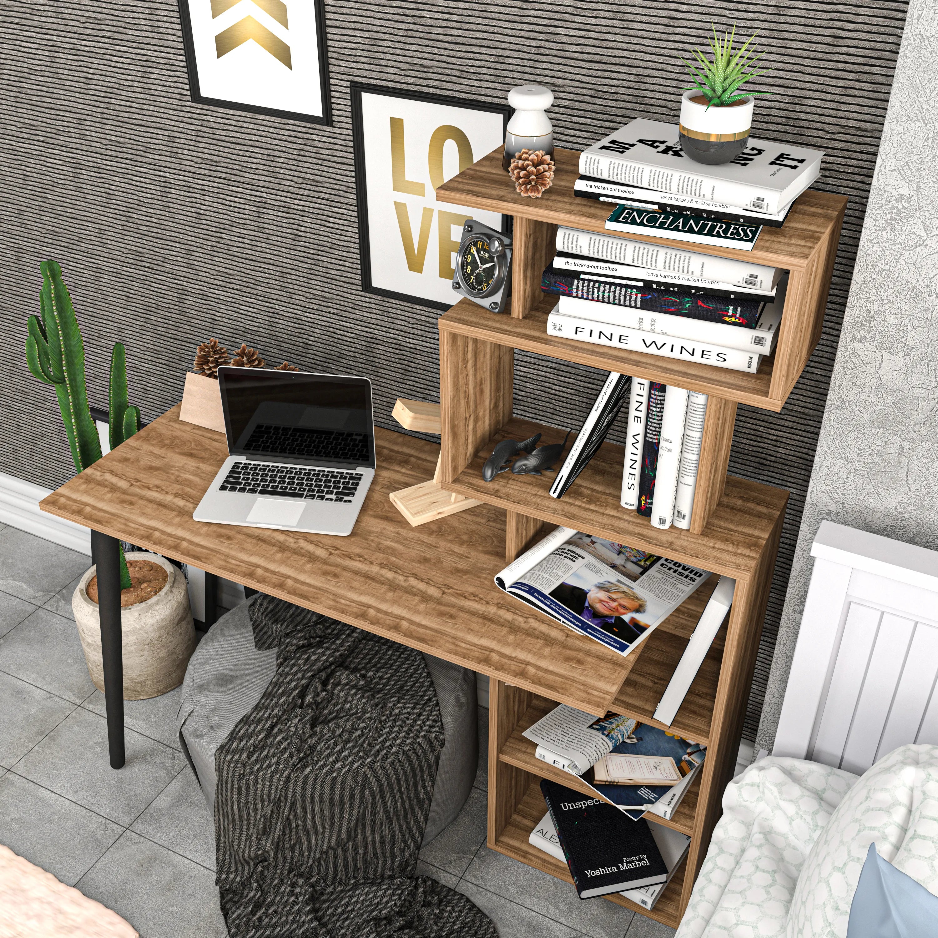 Vina 54 inch Wide Computer and Writing Desk with Open Shelf Storage