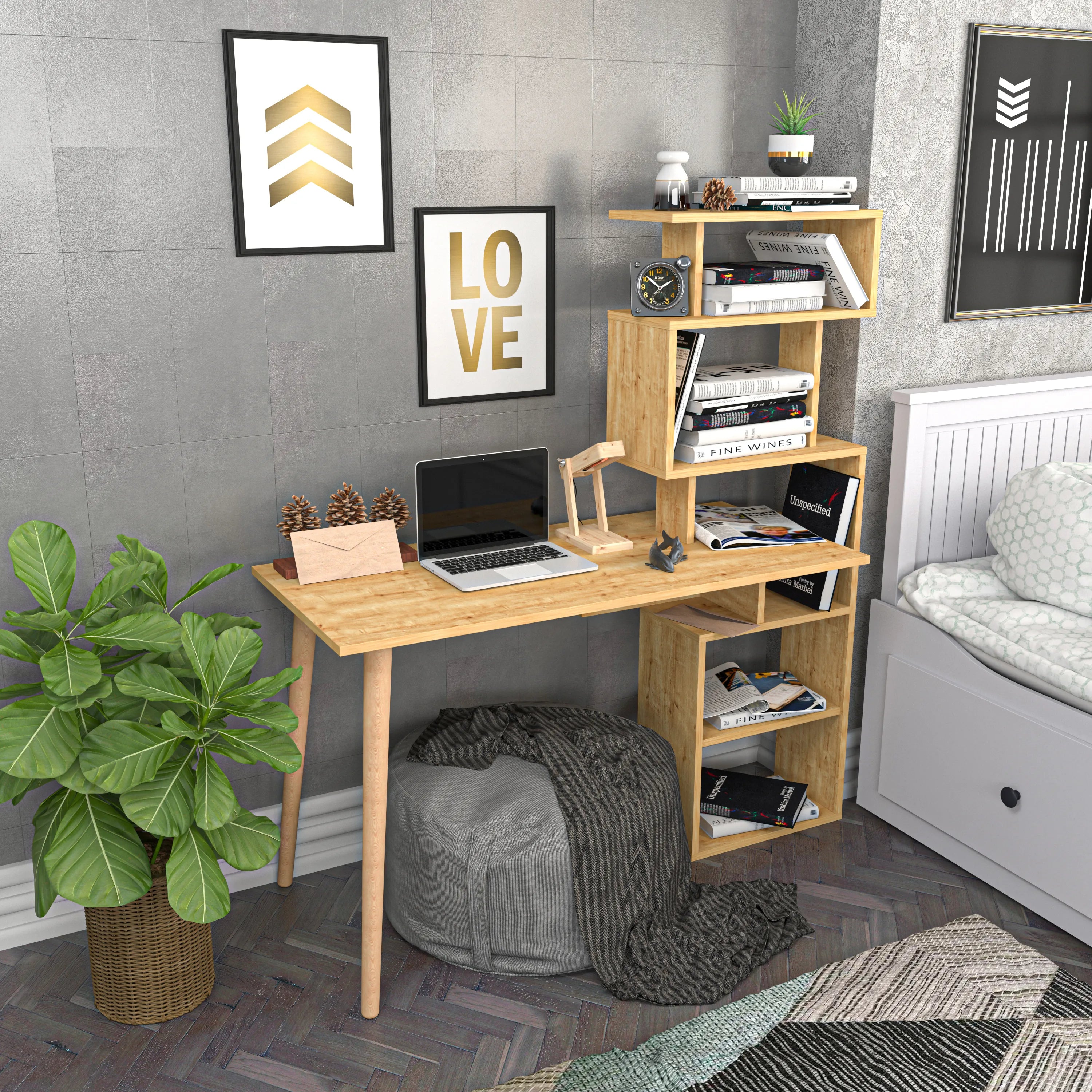 Vina 54 inch Wide Computer and Writing Desk with Open Shelf Storage