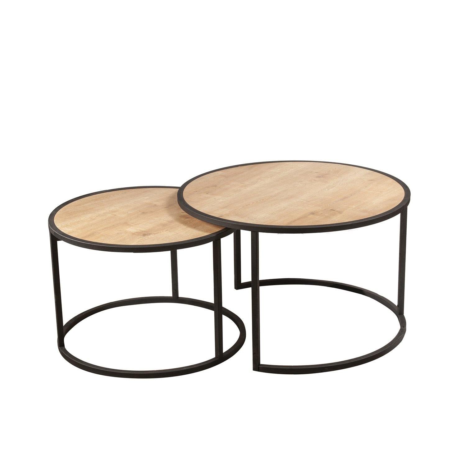Tambur Metal Manufactured Wood Round Nesting Coffee Table - Set of 2 - Decorotika