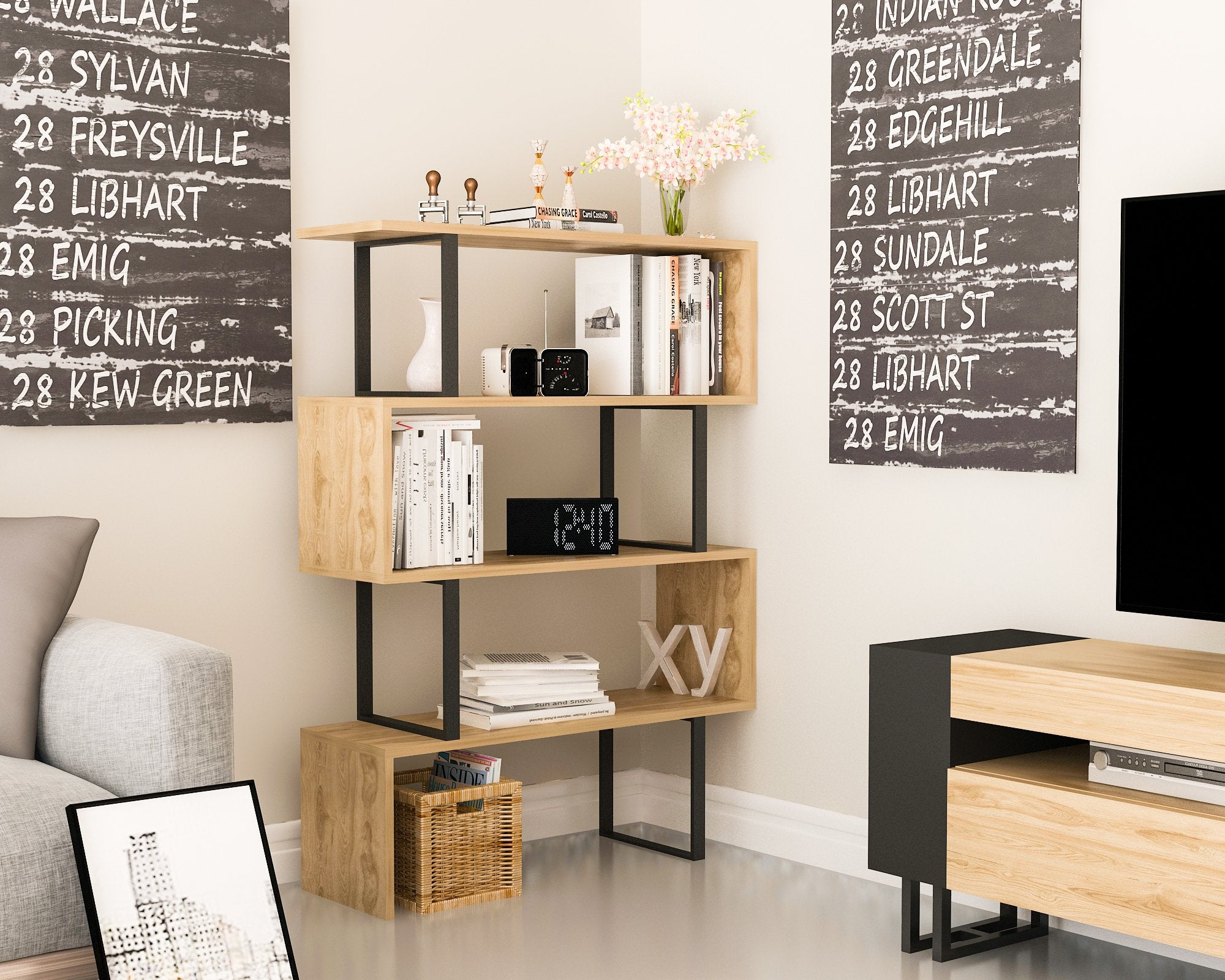 Decorotika Gama Computer Desk with Wall Cubby Shelf - Oud Oak & Black