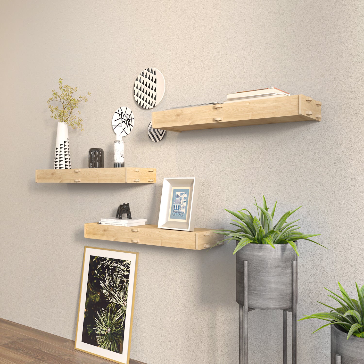 Hiko 3 Pieces Natural Oak Wall Mounted Shelves