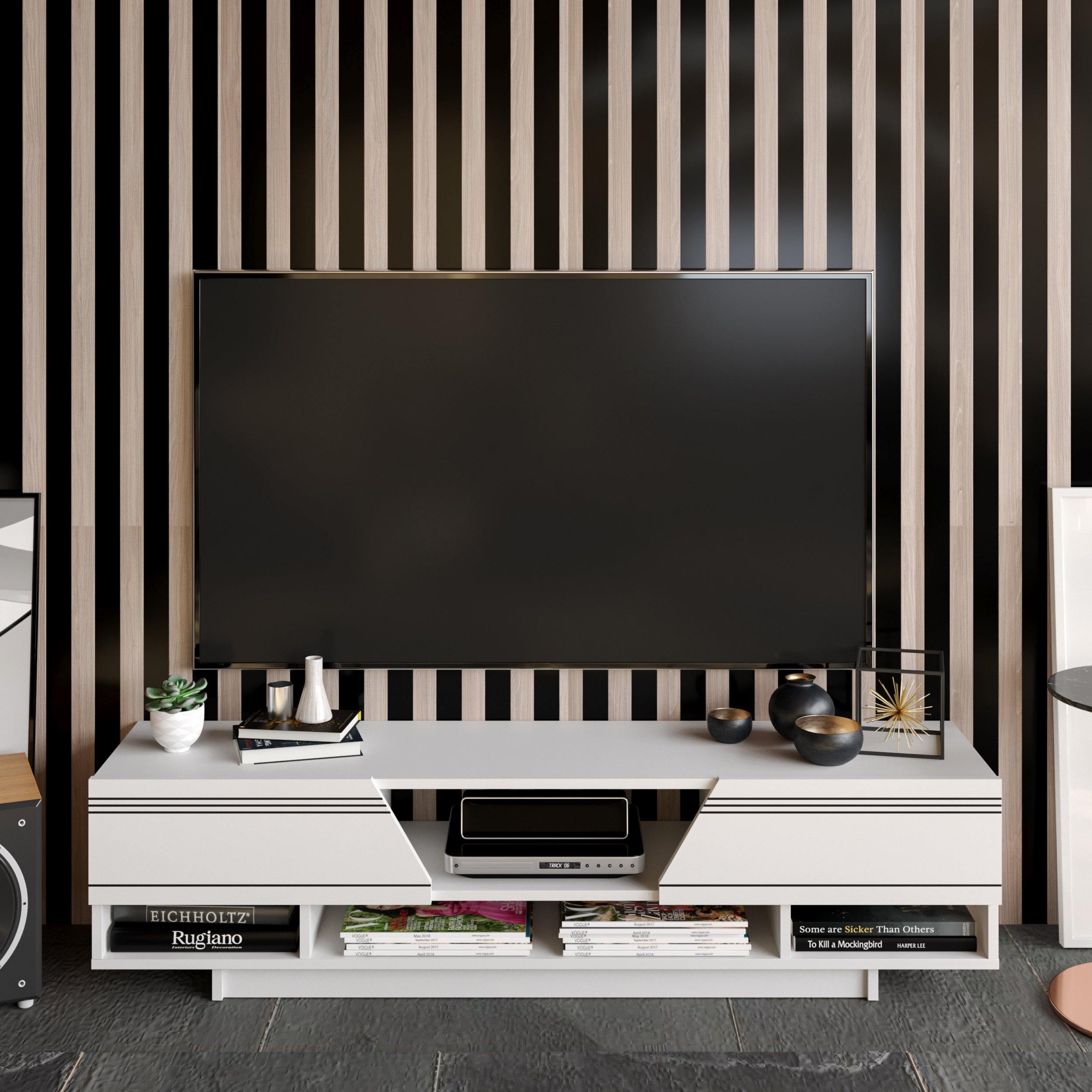 Aspatria 63" TV Stand and Media Console with Cabinets and Shelves fro TVs up to 72" - Decorotika