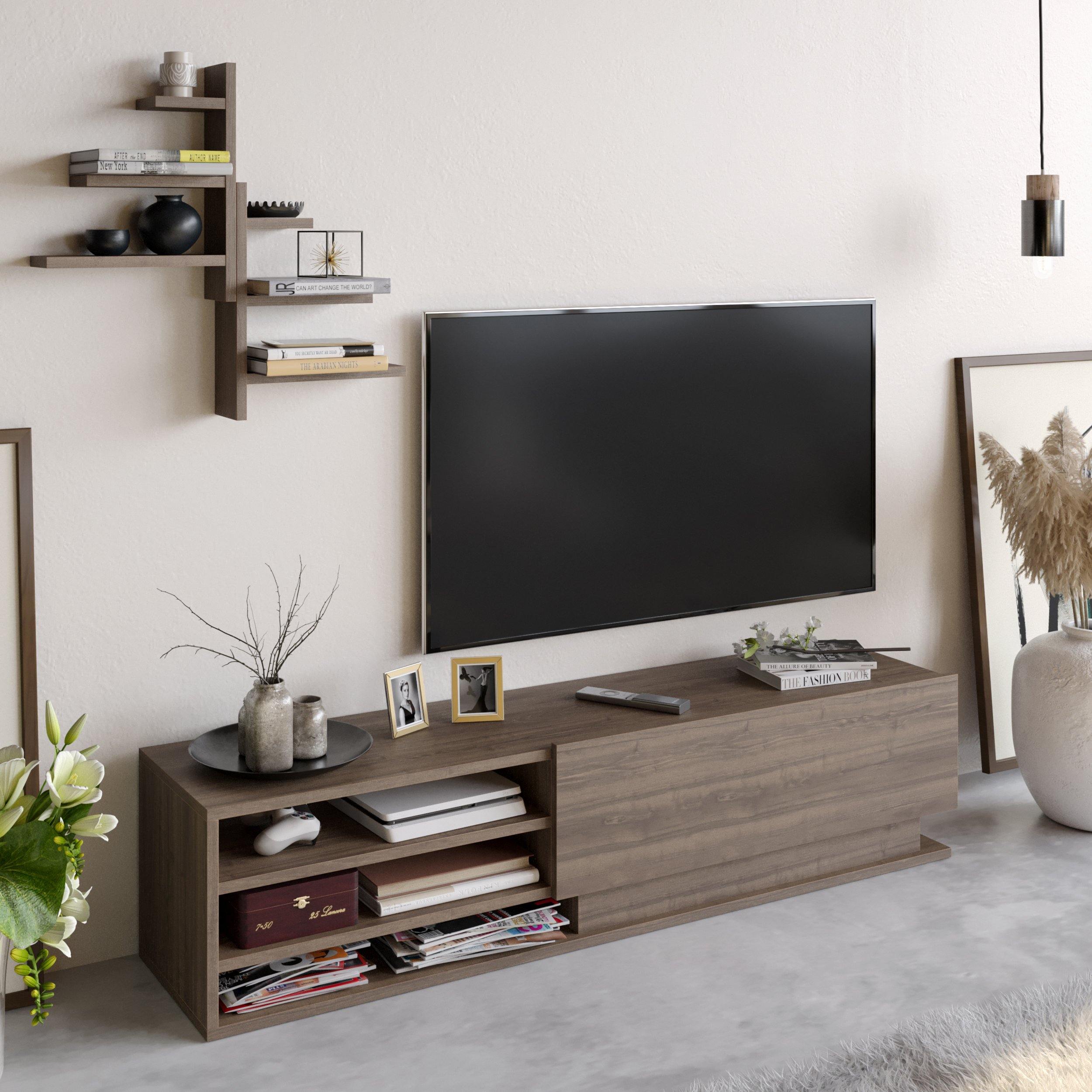 Linda TV Stand and Media Console with Cabinet, Wall Shelves for TVs up to 67" - Decorotika