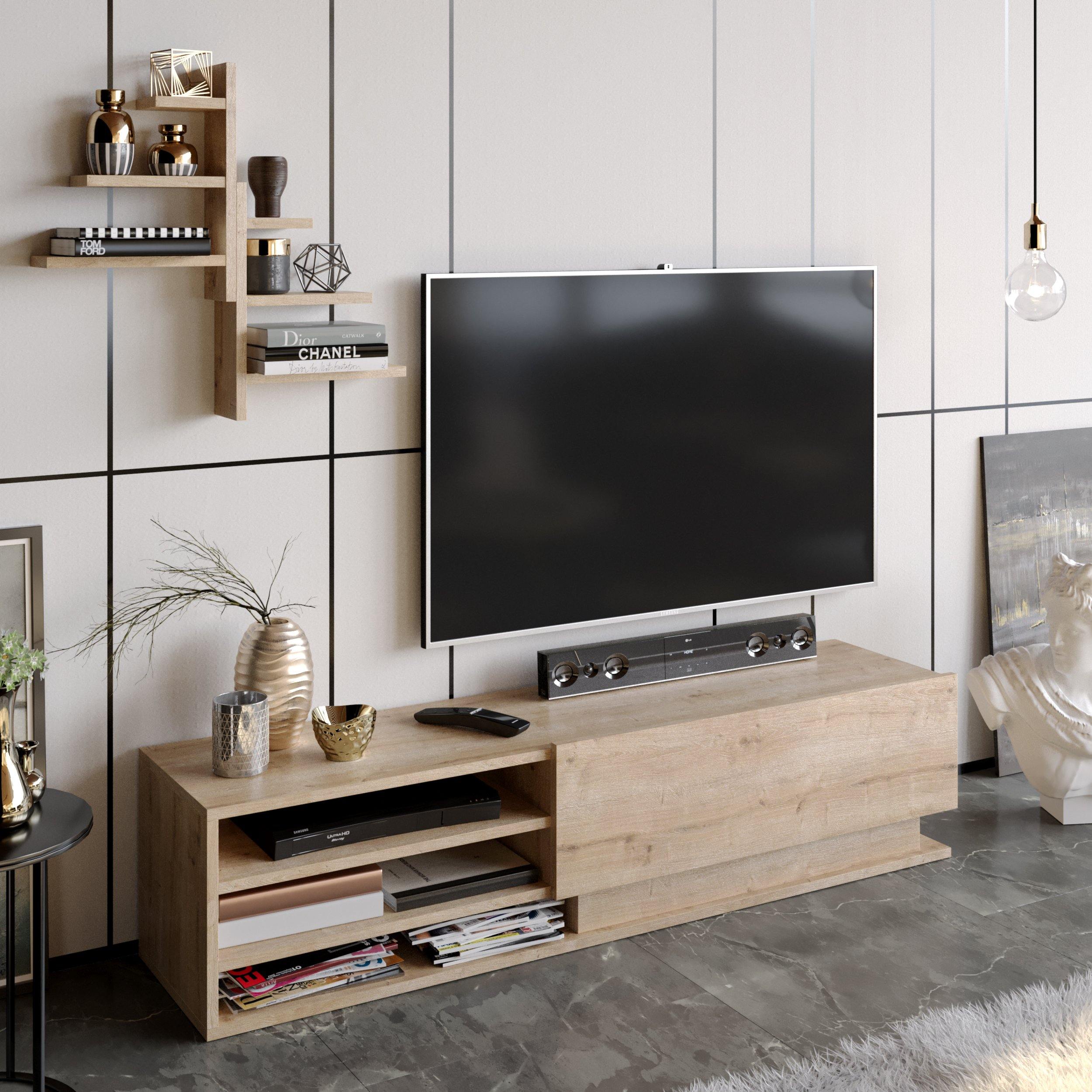 Linda TV Stand and Media Console with Cabinet, Wall Shelves for TVs up to 67" - Decorotika