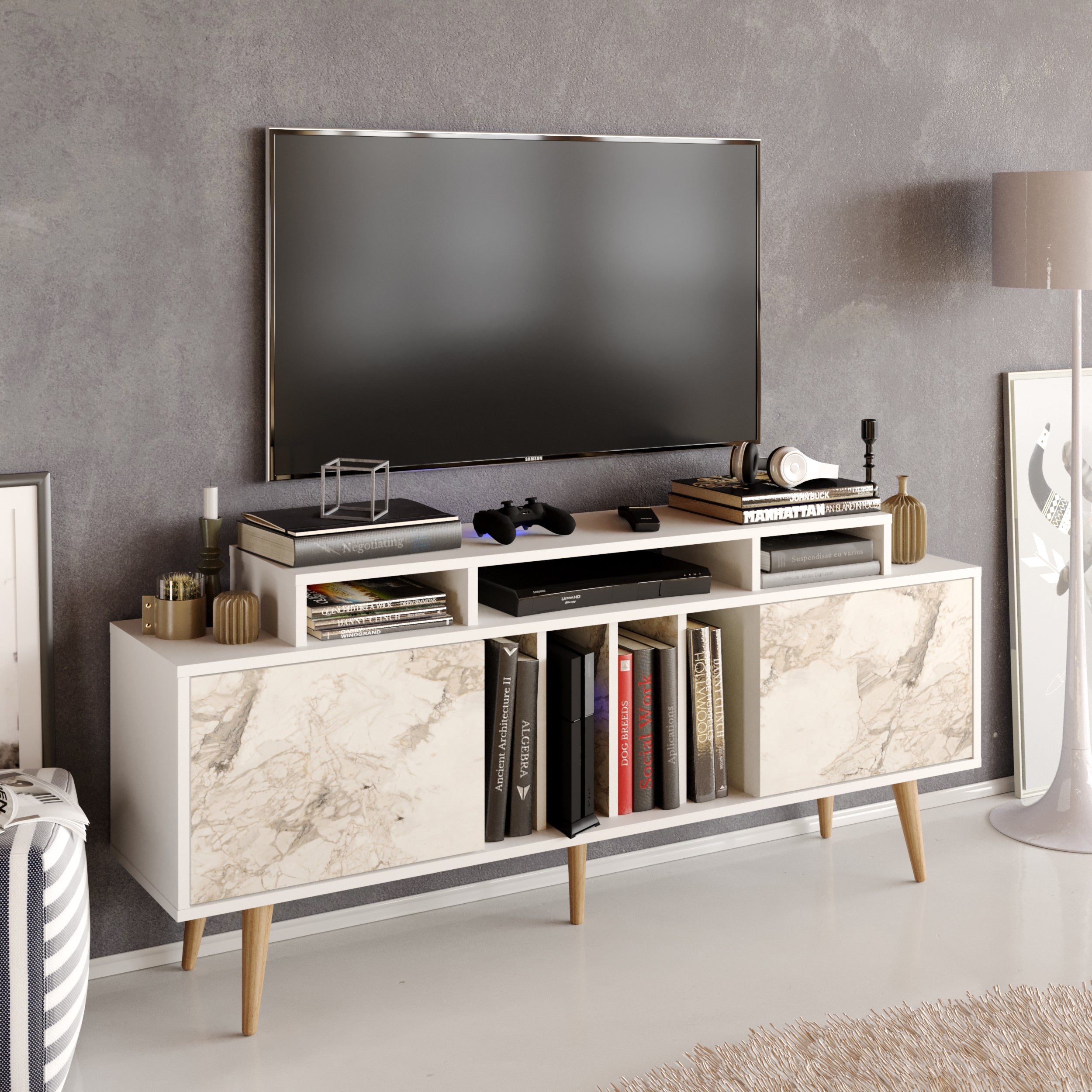 Char 63" TV Stand and Media Console with Cabinets and Shelves for TVs up to 72" - Decorotika