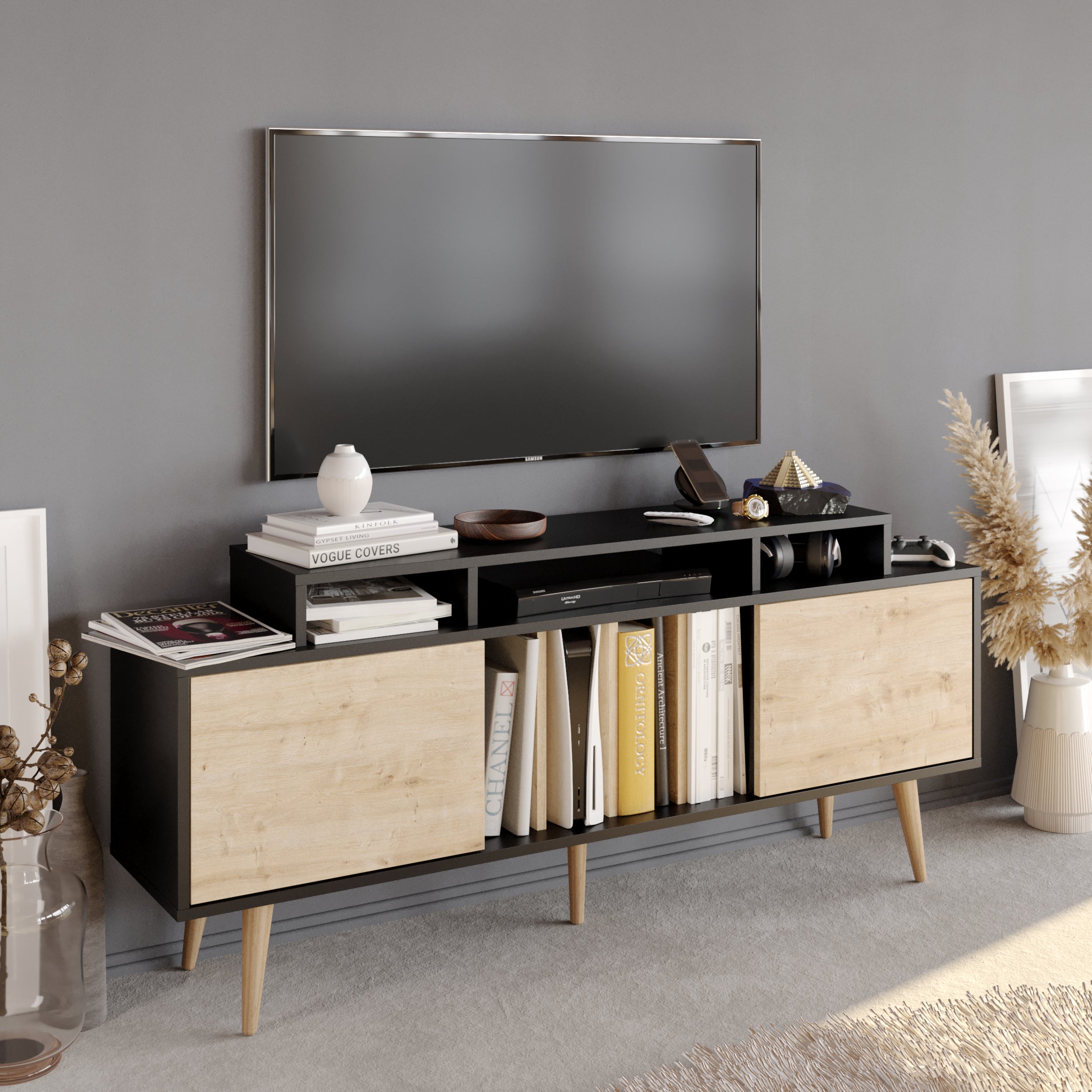 Char 63" TV Stand and Media Console with Cabinets and Shelves for TVs up to 72" - Decorotika