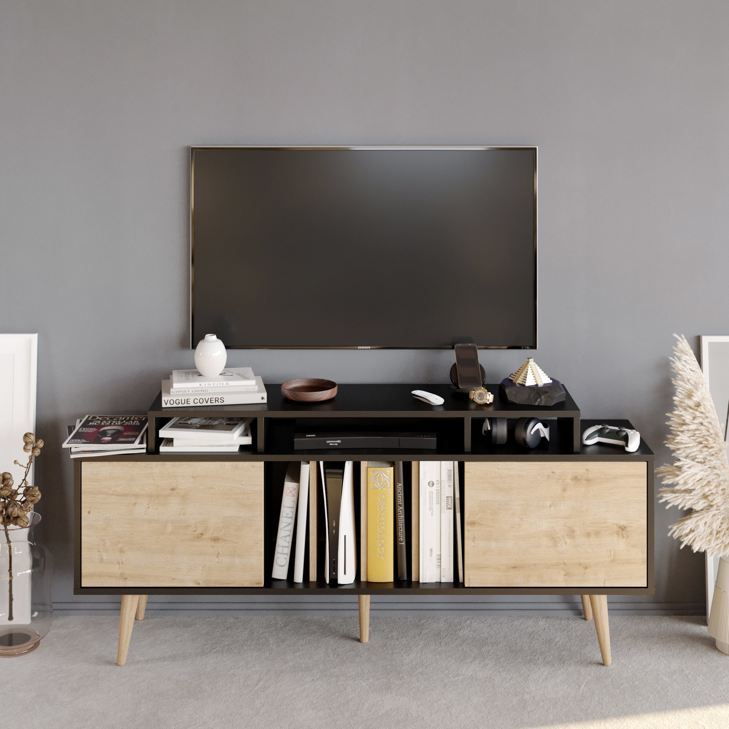 Char 63" TV Stand and Media Console with Cabinets and Shelves for TVs up to 72" - Decorotika