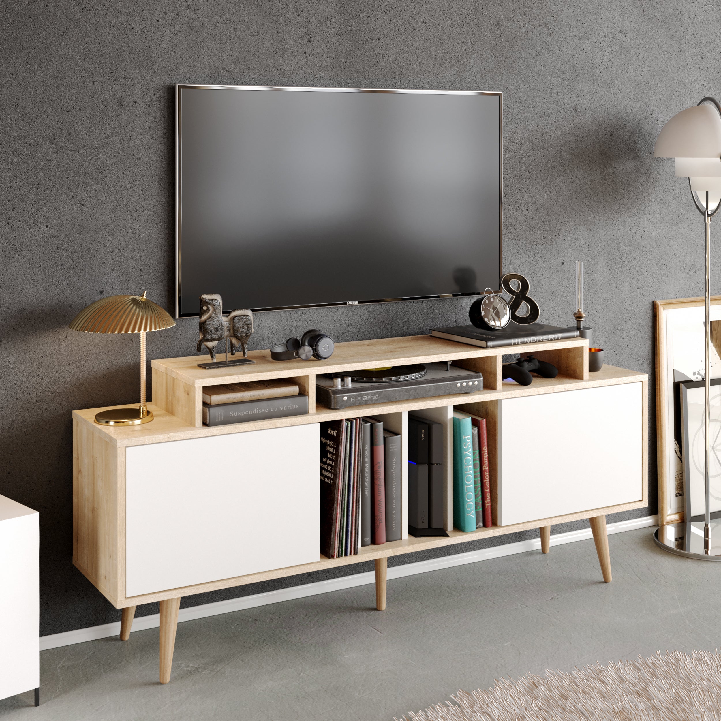 Char 63" TV Stand and Media Console with Cabinets and Shelves for TVs up to 72" - Decorotika