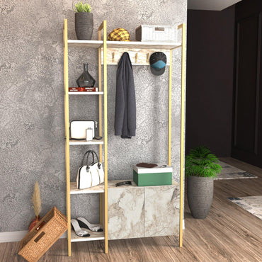 Doga 69" Tall Metal Manufactured Wood Hall Tree, Coat Rack with A Cabinet & Shelves - Decorotika
