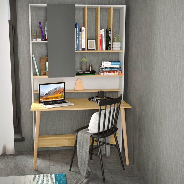 Wood 77" Tall Multifunctional Computer Credenza Desk with A Cabinet & Shelves - Decorotika