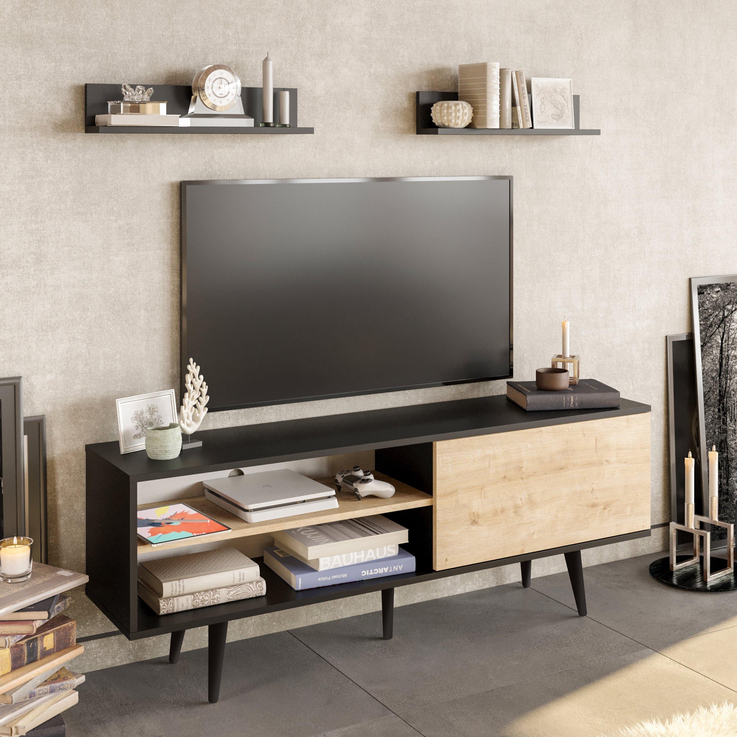 Pi 63" Wide TV Stand and Entertainment Center with Wall Shelves for TVs up to 72" - Decorotika