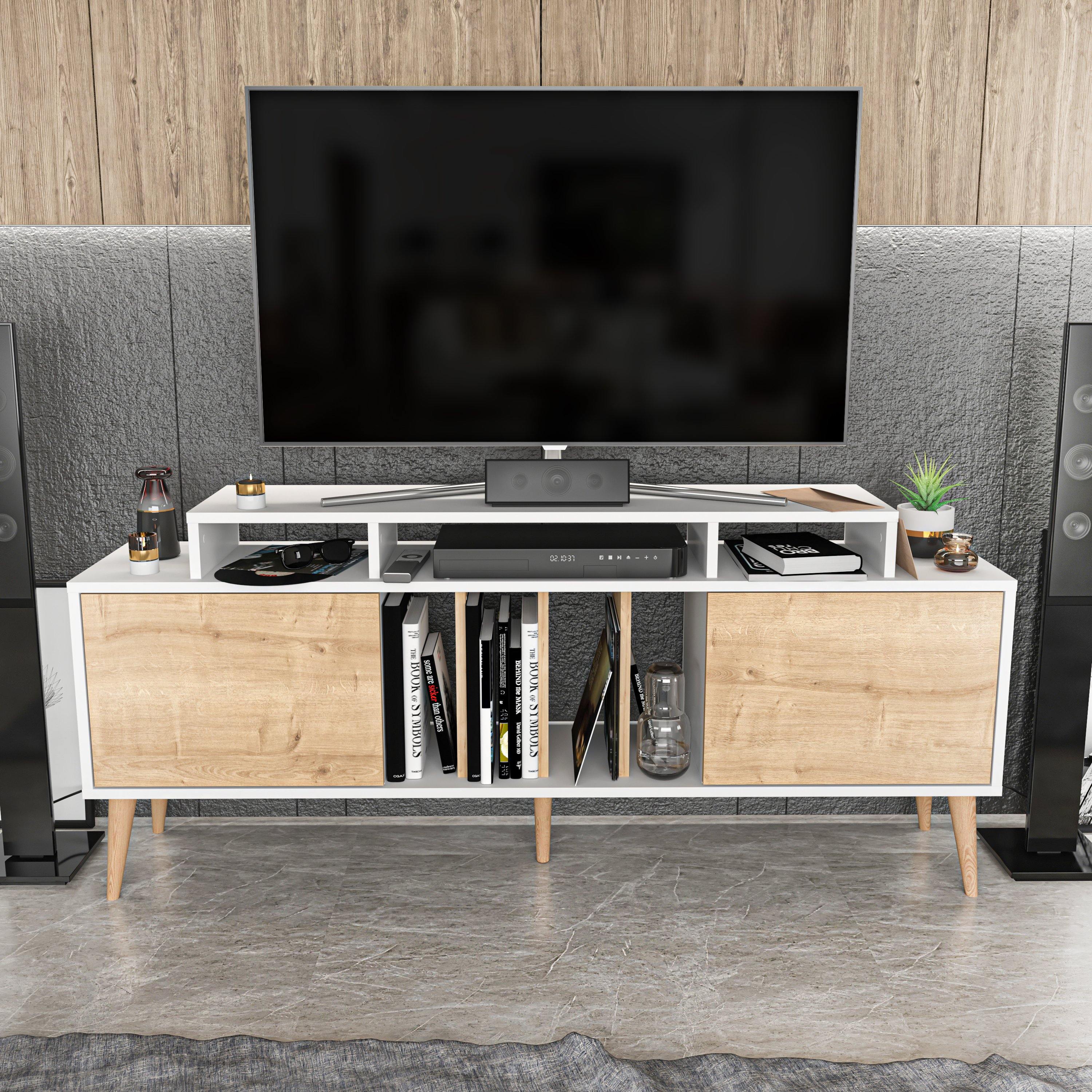 Char 63" TV Stand and Media Console with Cabinets and Shelves for TVs up to 72" - Decorotika