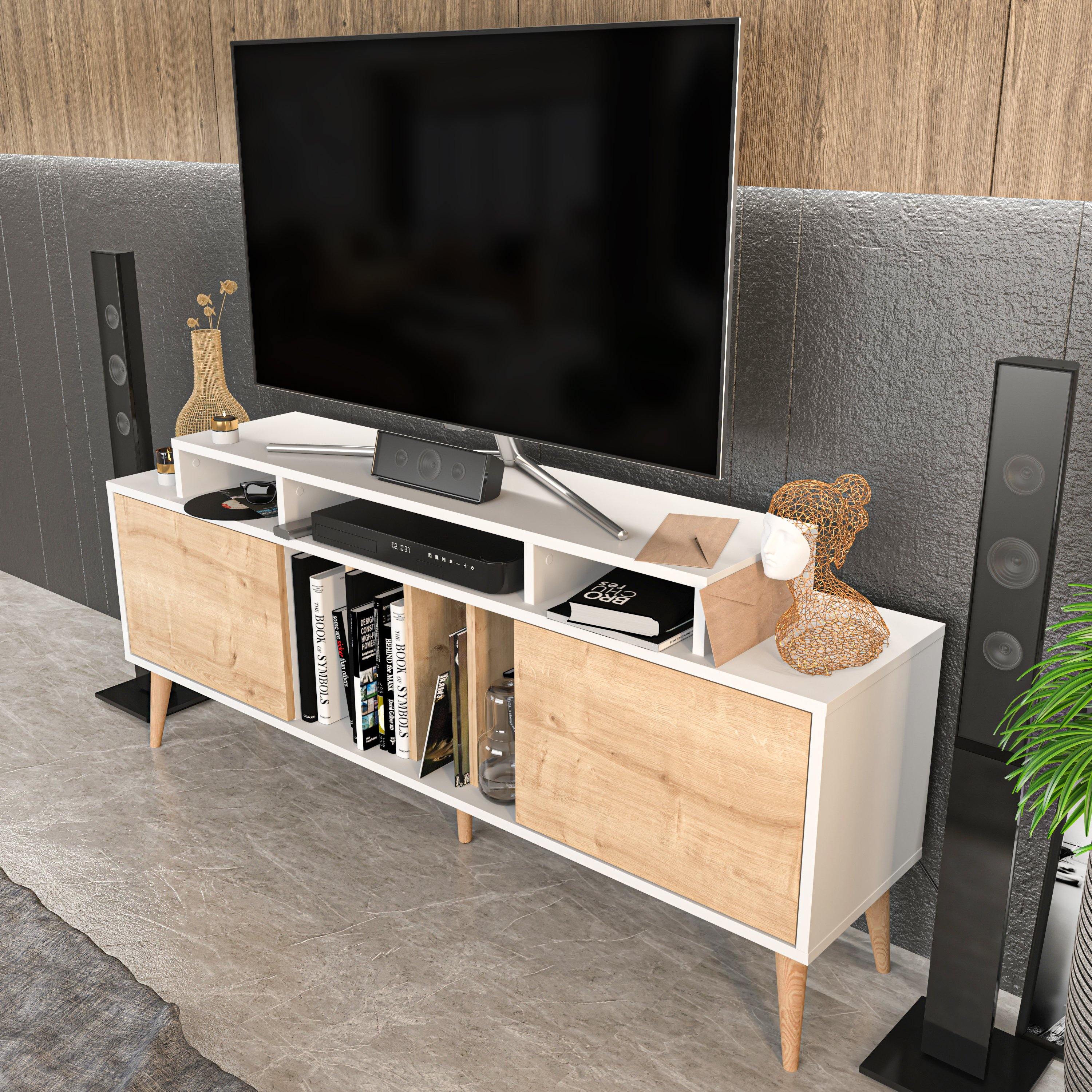 Char 63" TV Stand and Media Console with Cabinets and Shelves for TVs up to 72" - Decorotika