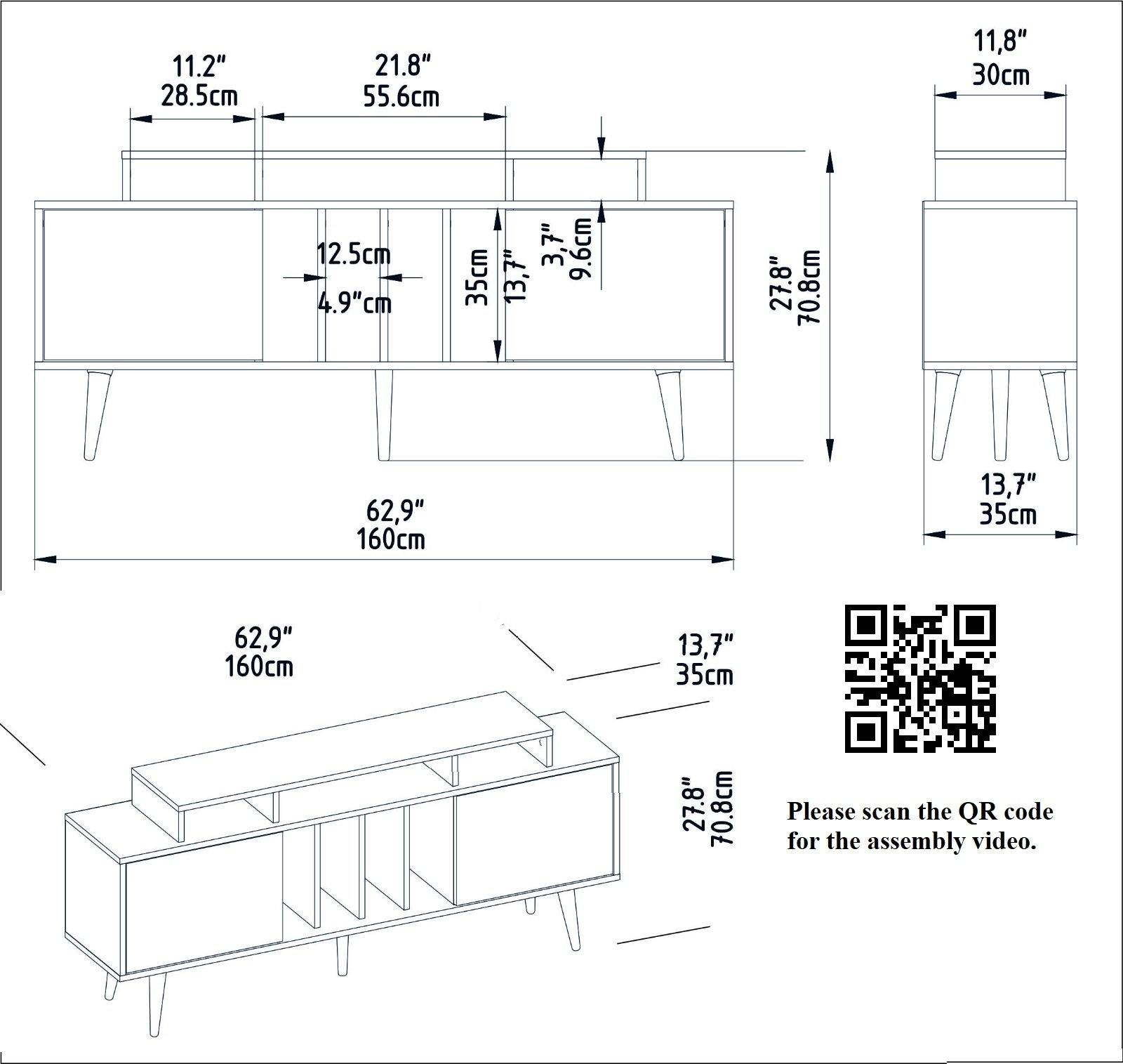 Char 63" TV Stand and Media Console with Cabinets and Shelves for TVs up to 72" - Decorotika