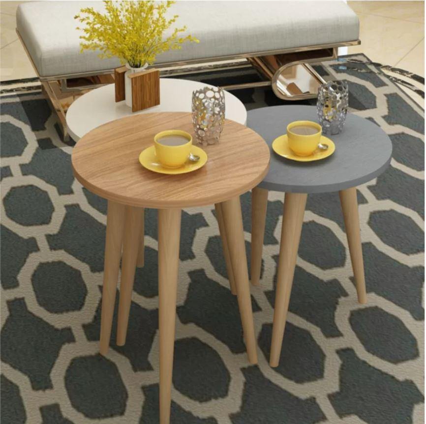 Tale Nesting Coffee Table Set of 3 with MDF tabletop and Solid Wood Legs, Glossy Finish - Decorotika