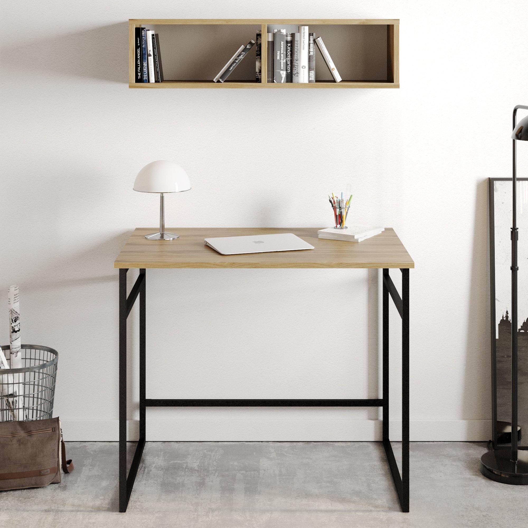 Decorotika Gama Computer Desk with Wall Cubby Shelf - Oud Oak & Black